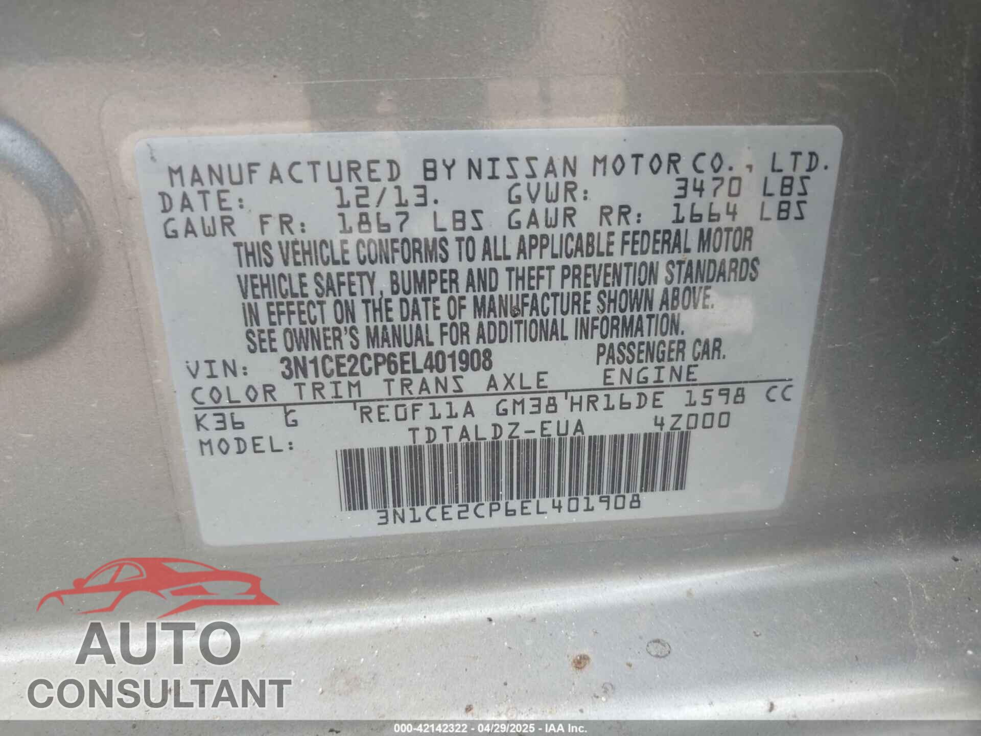 NISSAN VERSA NOTE 2014 - 3N1CE2CP6EL401908