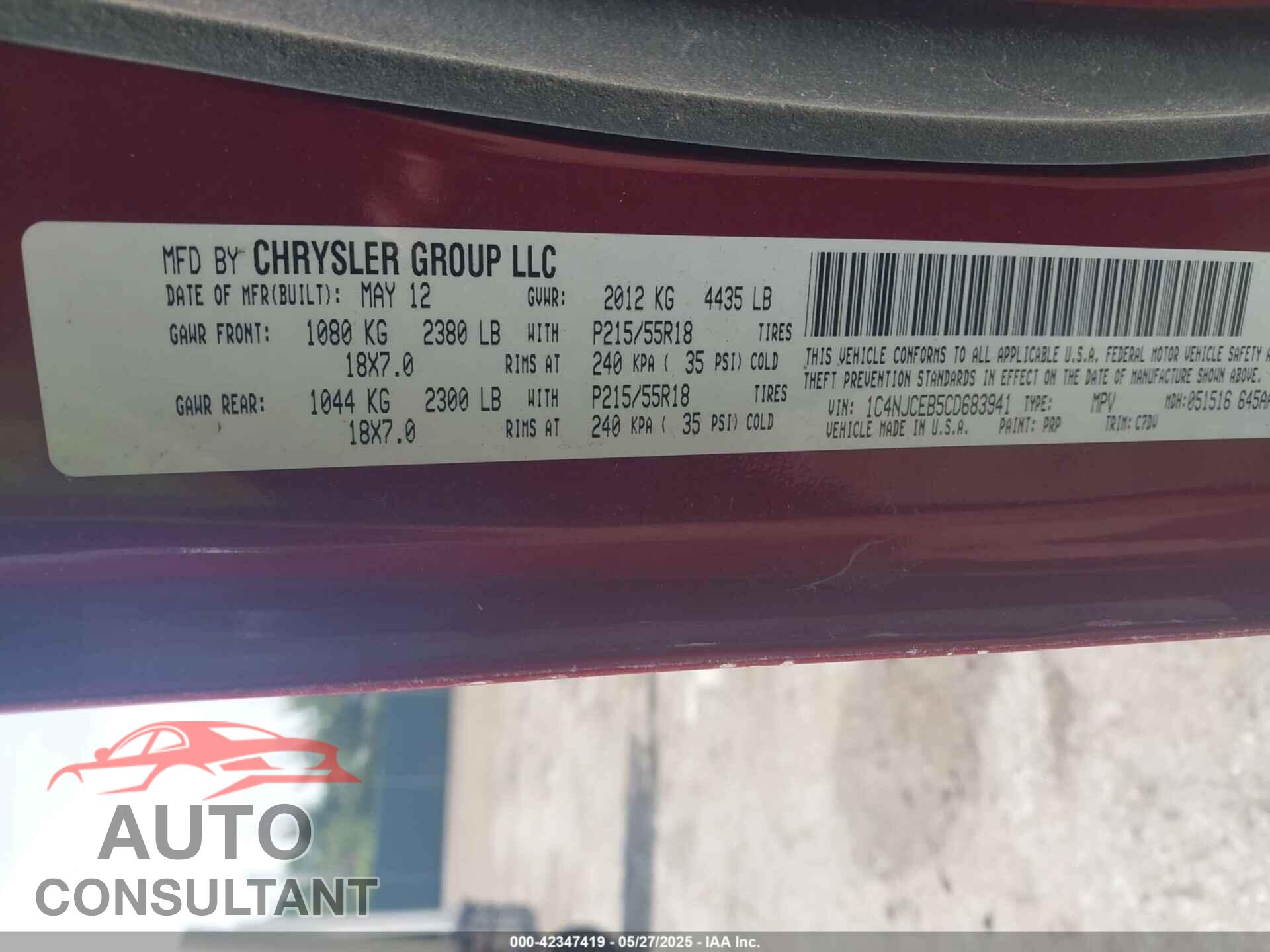 JEEP COMPASS 2012 - 1C4NJCEB5CD683941