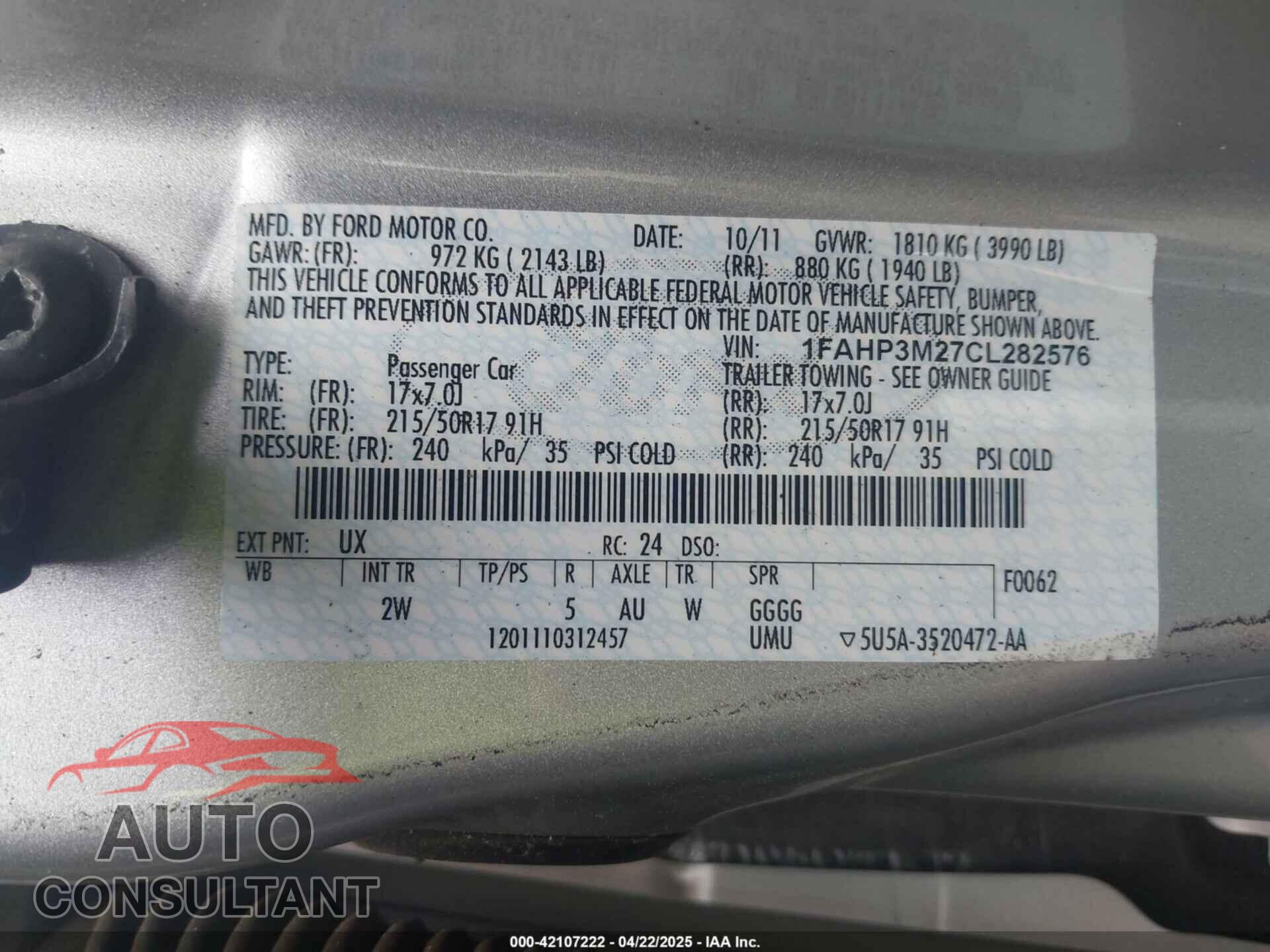FORD FOCUS 2012 - 1FAHP3M27CL282576