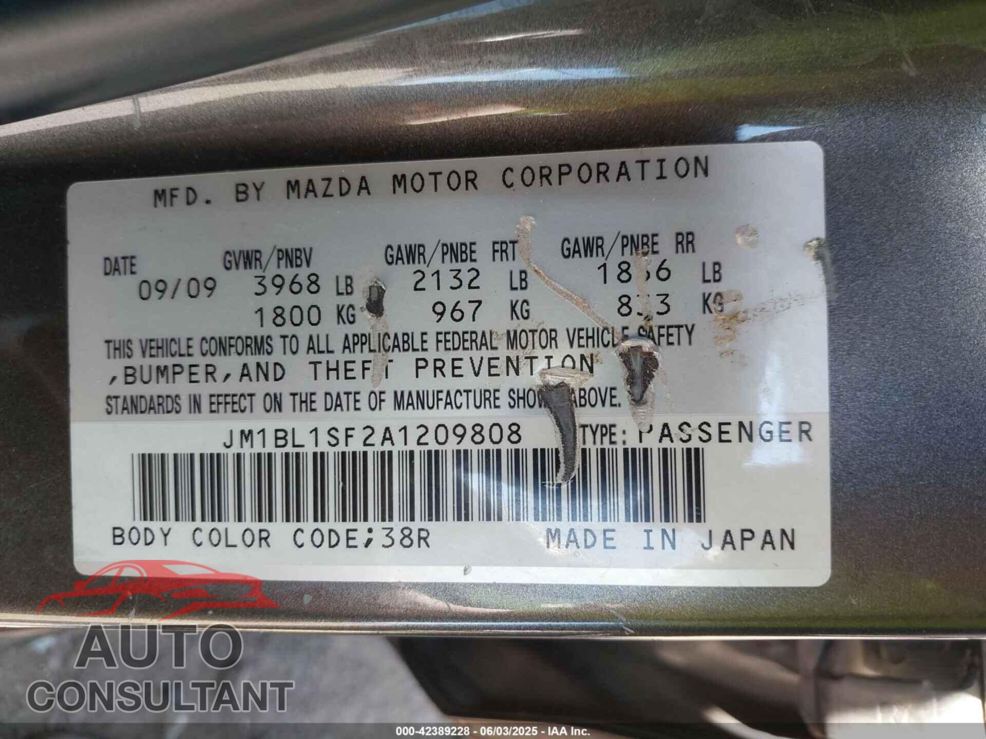 MAZDA MAZDA3 2010 - JM1BL1SF2A1209808