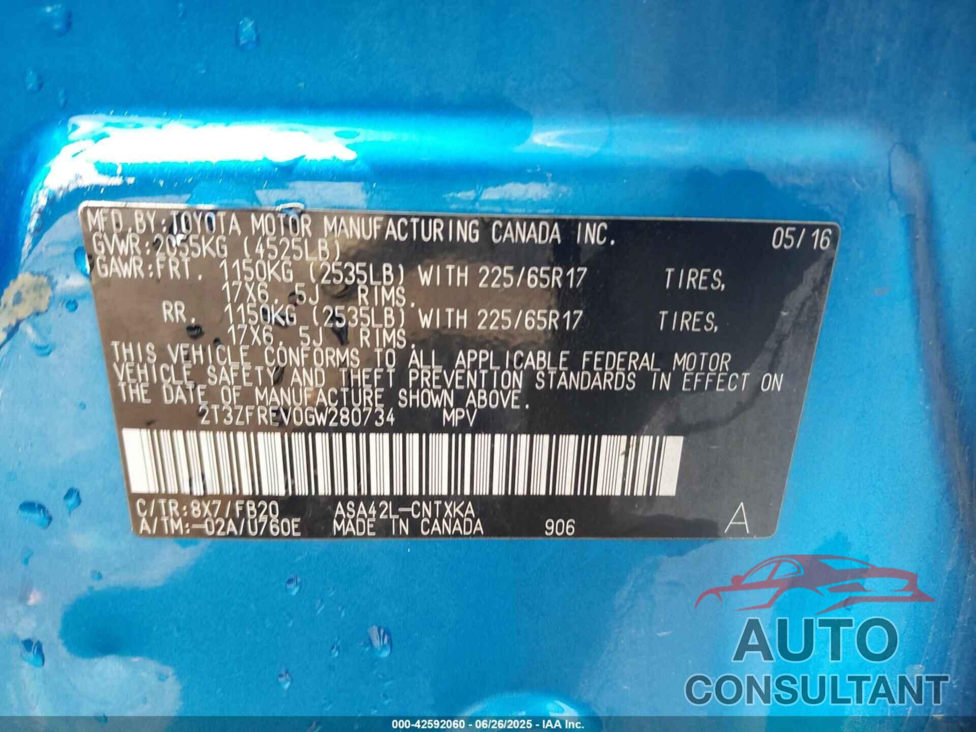 TOYOTA RAV4 2016 - 2T3ZFREV0GW280734