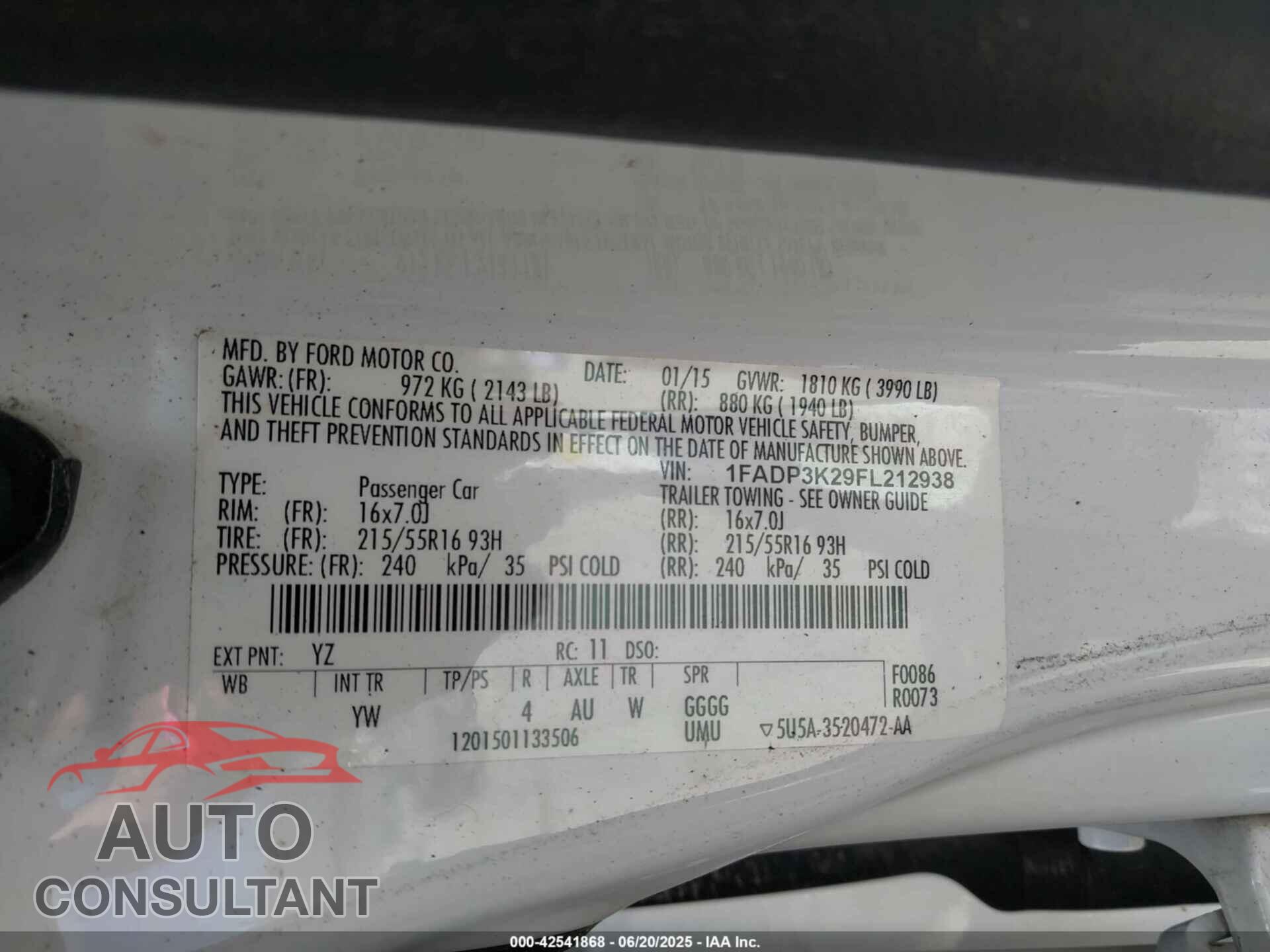 FORD FOCUS 2015 - 1FADP3K29FL212938