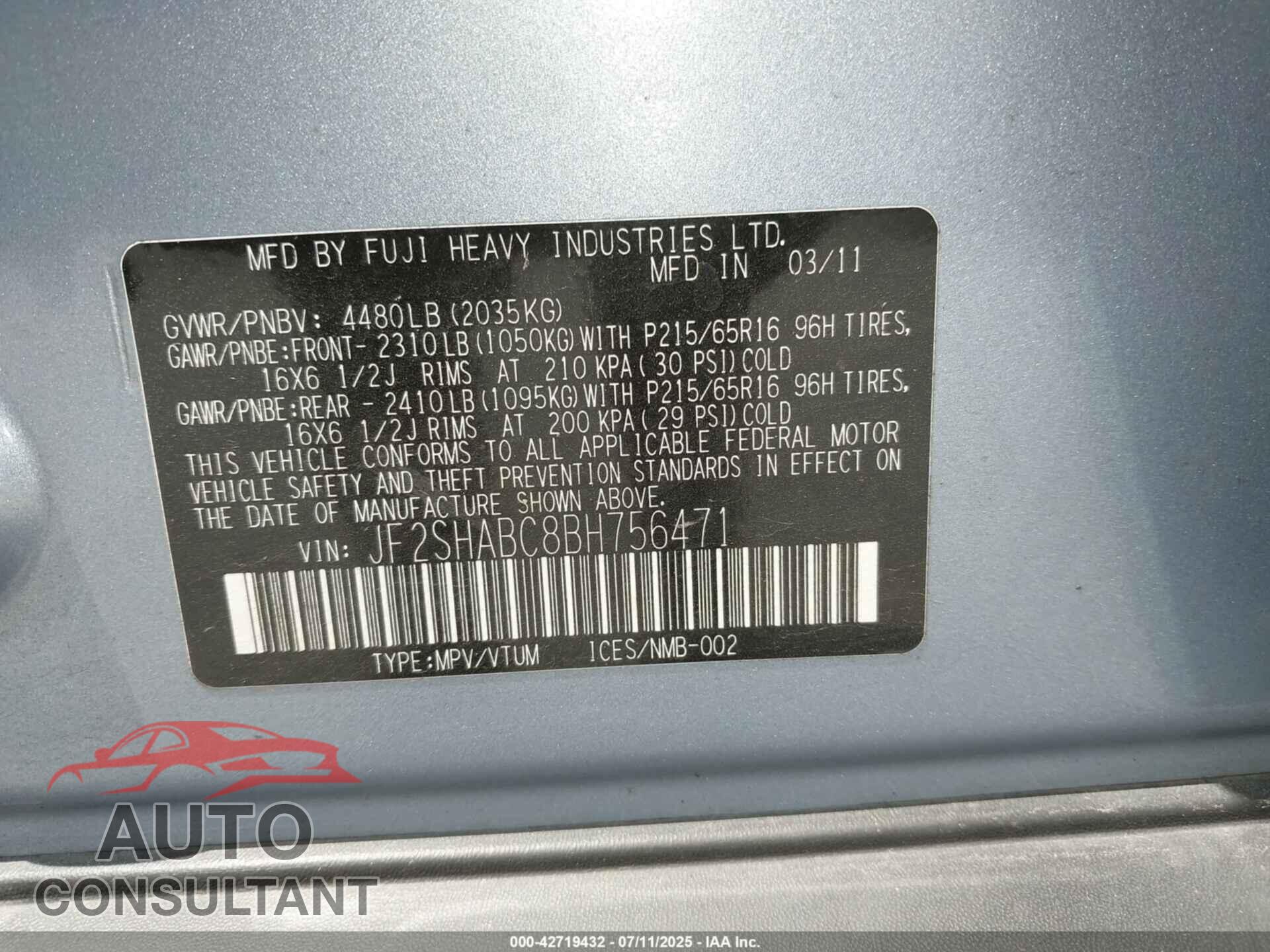 SUBARU FORESTER 2011 - JF2SHABC8BH756471