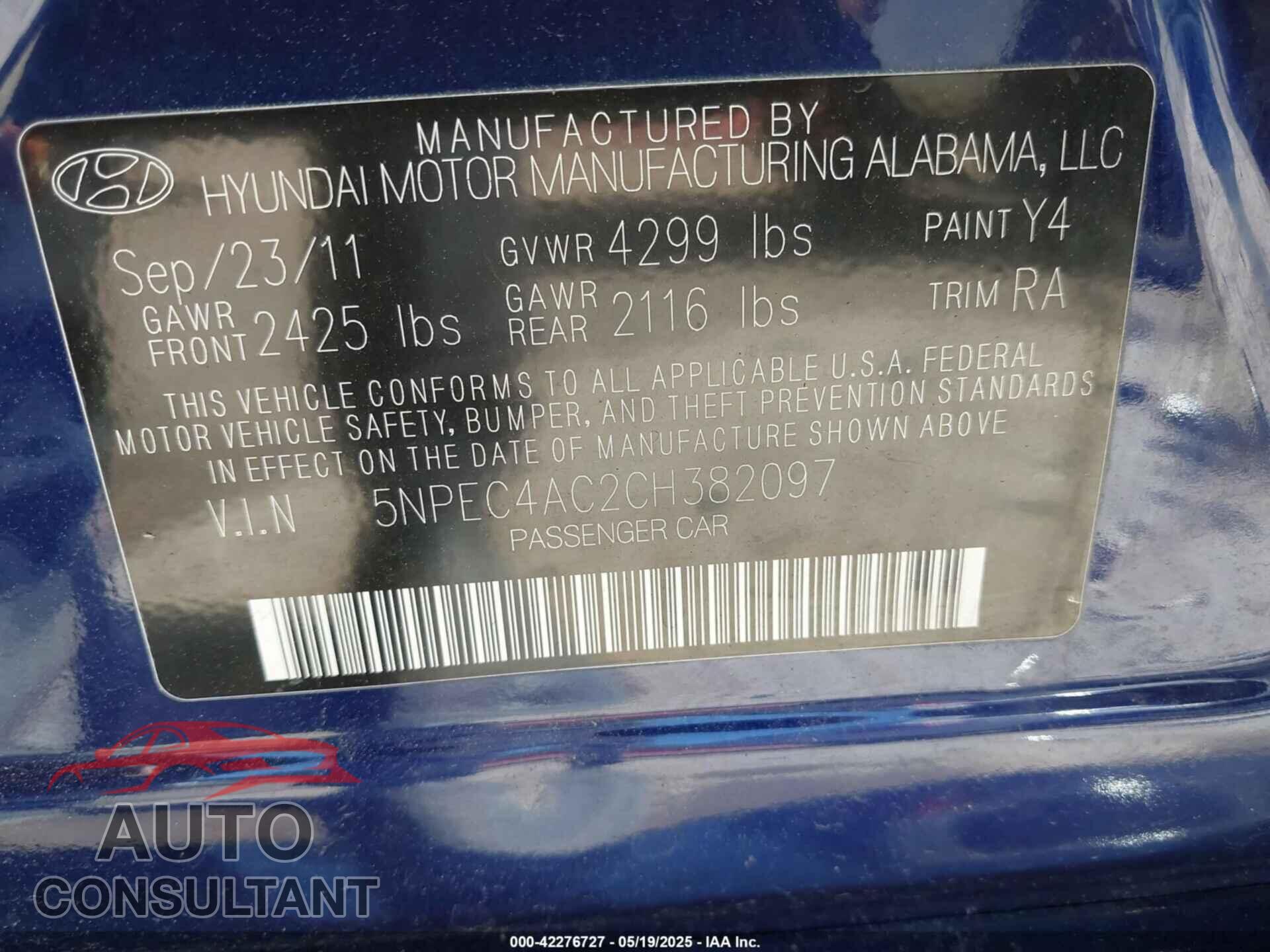 HYUNDAI SONATA 2012 - 5NPEC4AC2CH382097