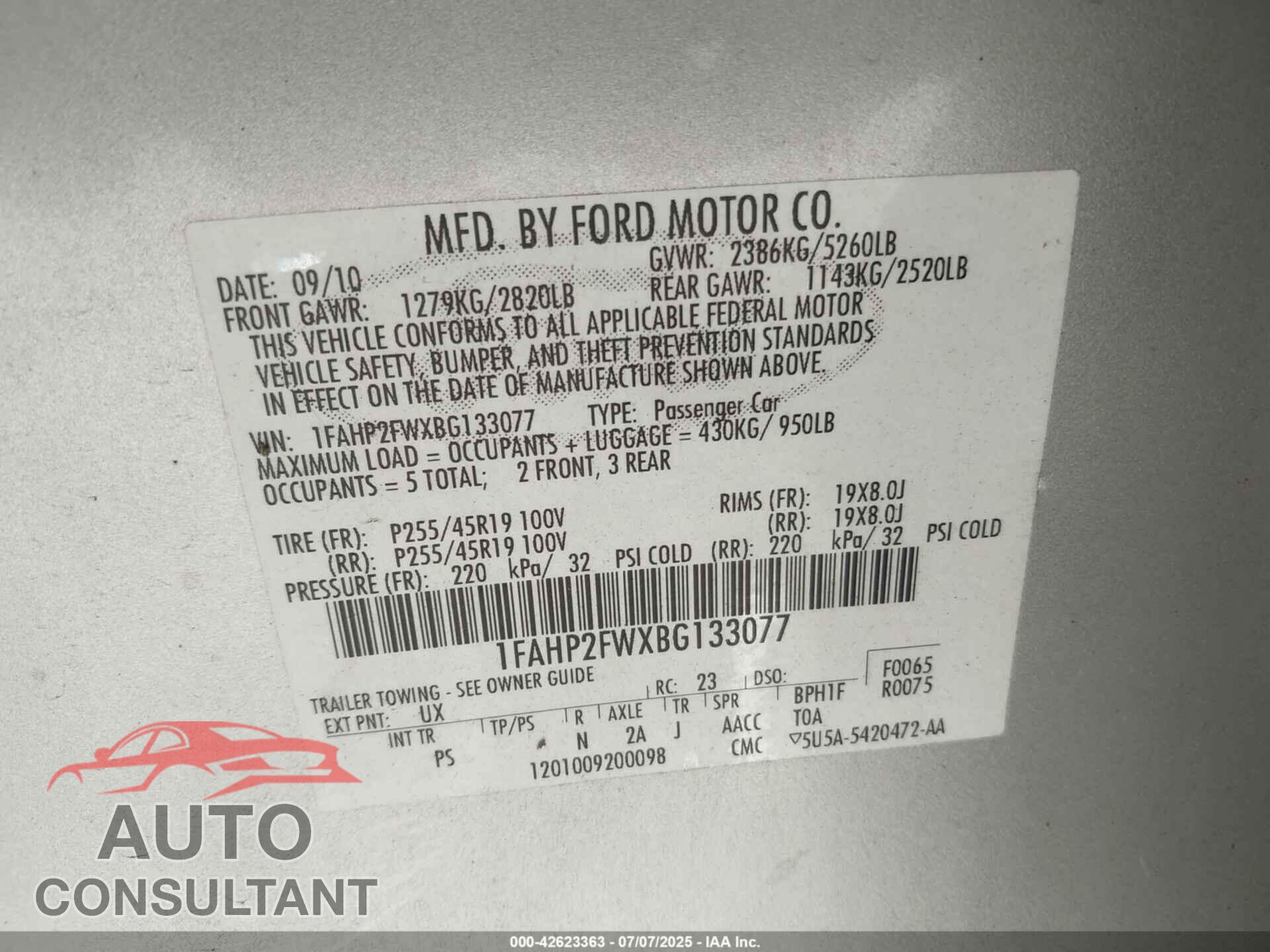 FORD TAURUS 2011 - 1FAHP2FWXBG133077