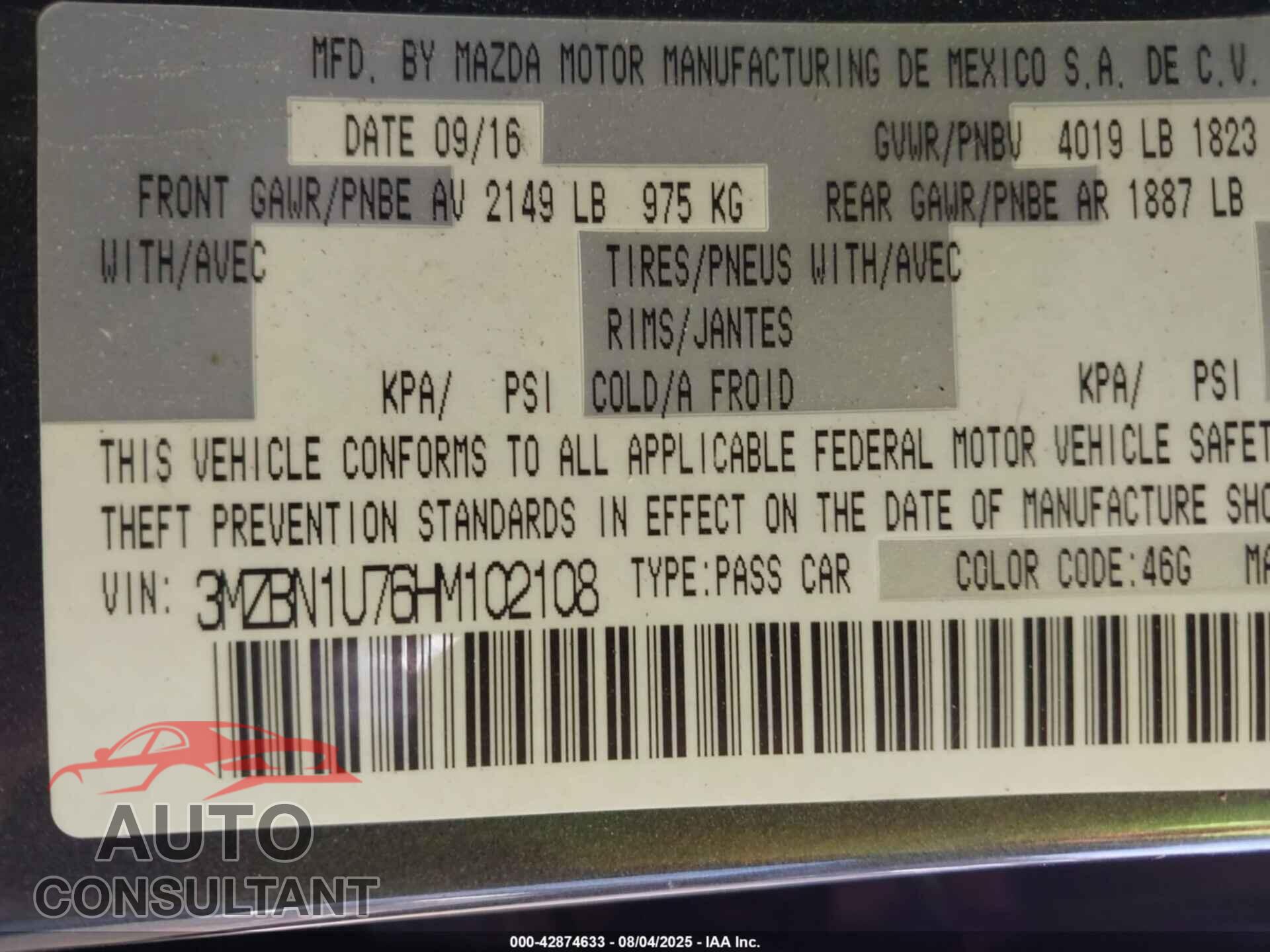 MAZDA MAZDA3 2017 - 3MZBN1U76HM102108