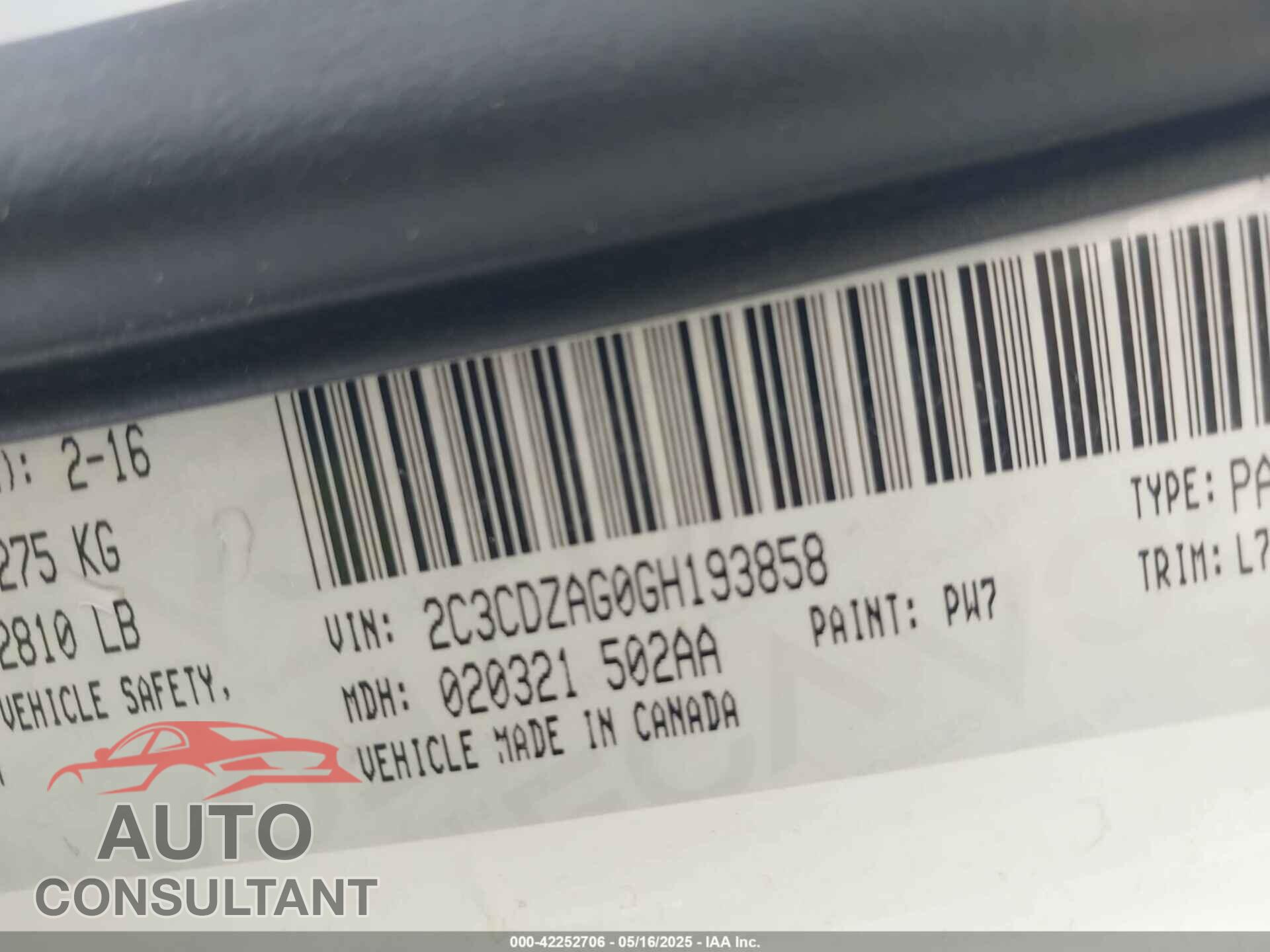 DODGE CHALLENGER 2016 - 2C3CDZAG0GH193858