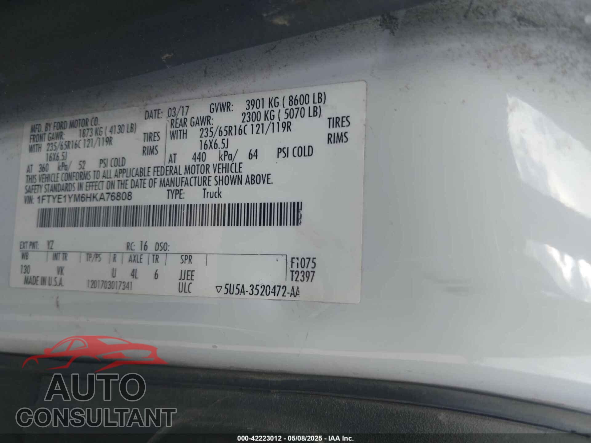 FORD TRANSIT-150 2017 - 1FTYE1YM6HKA76808