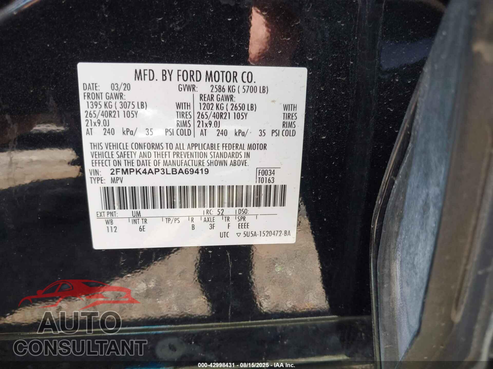 FORD EDGE 2020 - 2FMPK4AP3LBA69419