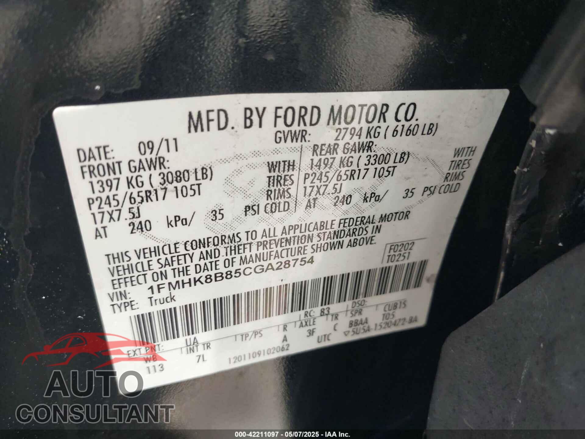 FORD EXPLORER 2012 - 1FMHK8B85CGA28754