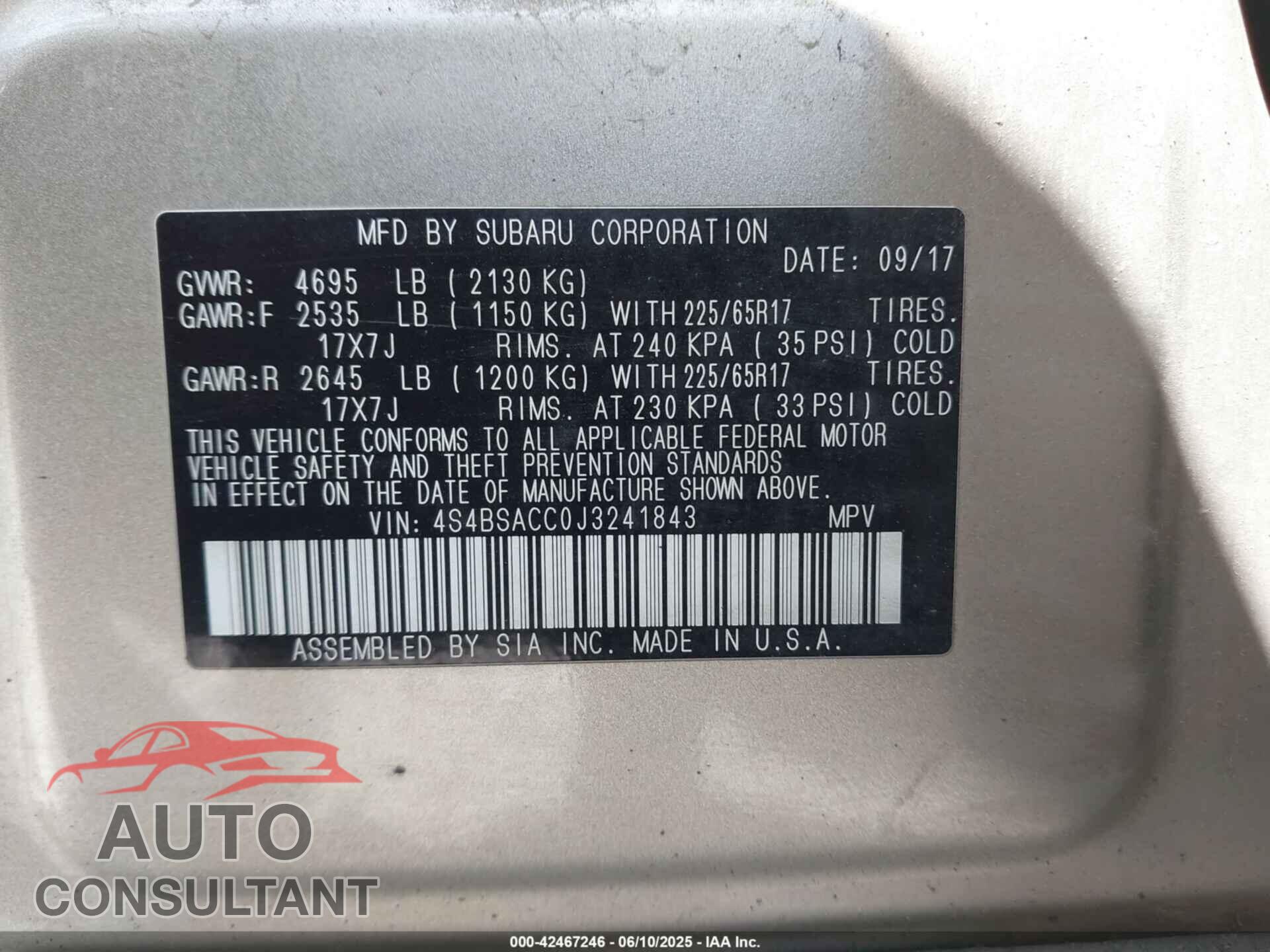 SUBARU OUTBACK 2018 - 4S4BSACC0J3241843