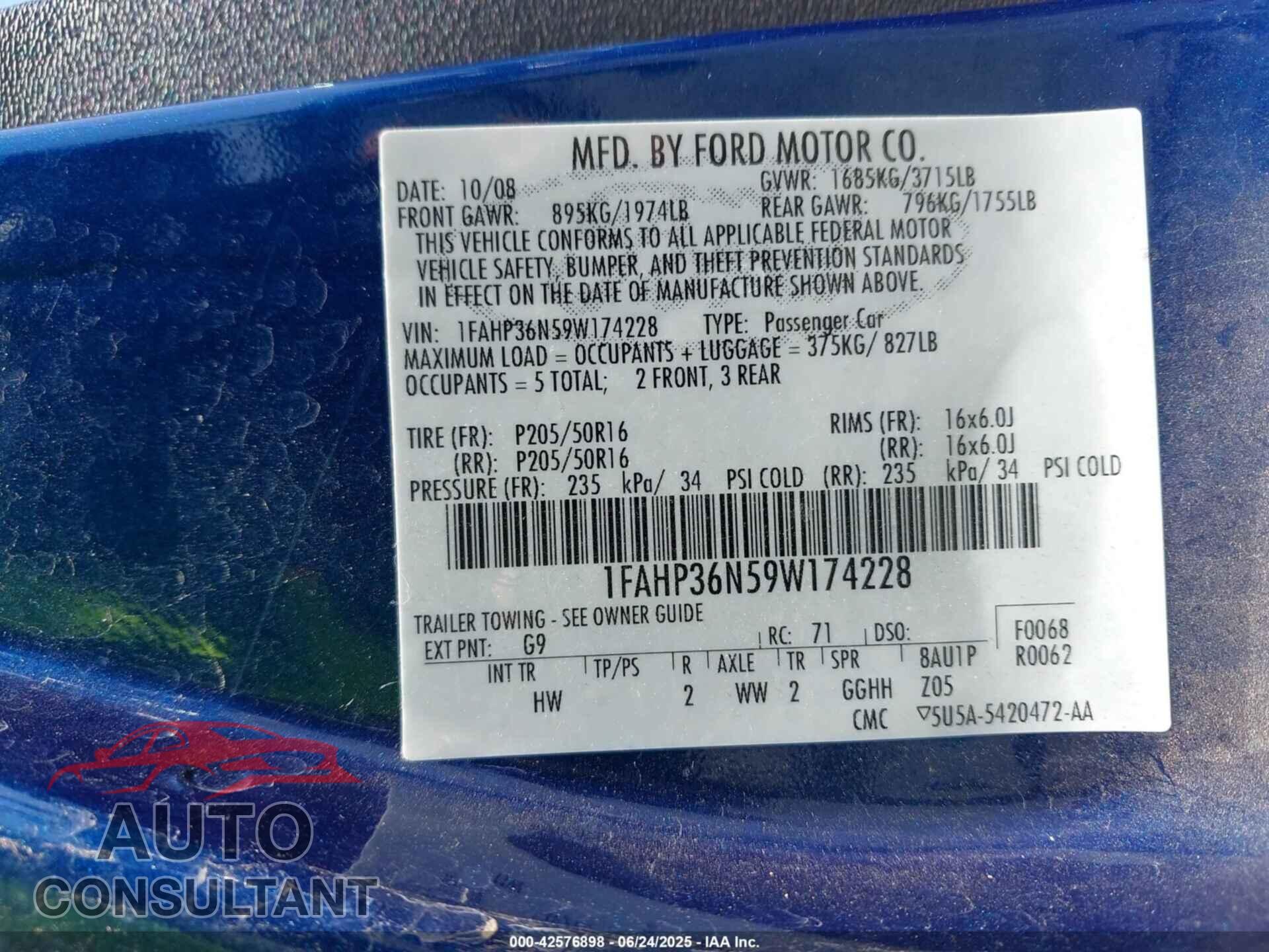 FORD FOCUS 2009 - 1FAHP36N59W174228