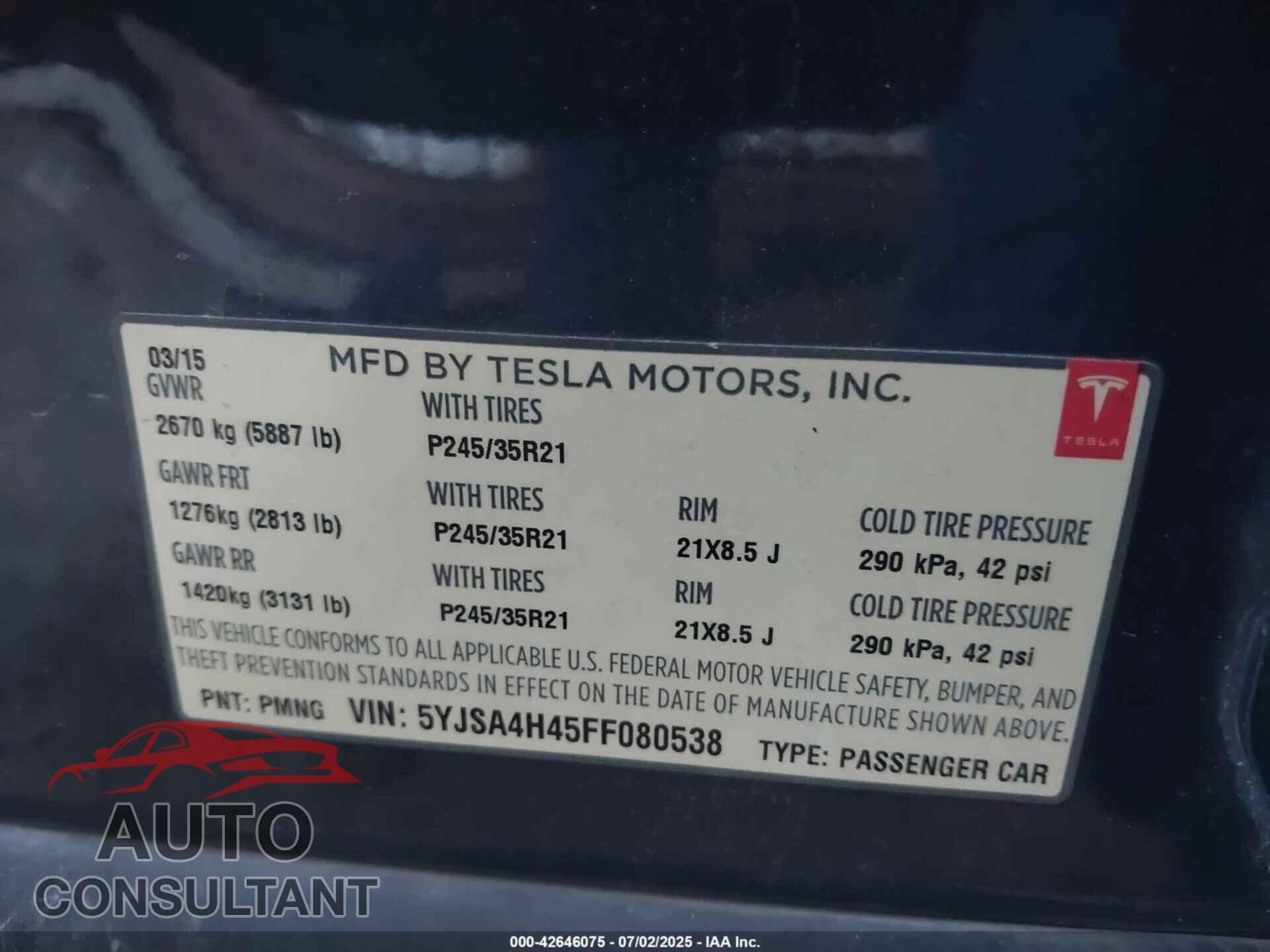 TESLA MODEL S 2015 - 5YJSA4H45FF080538