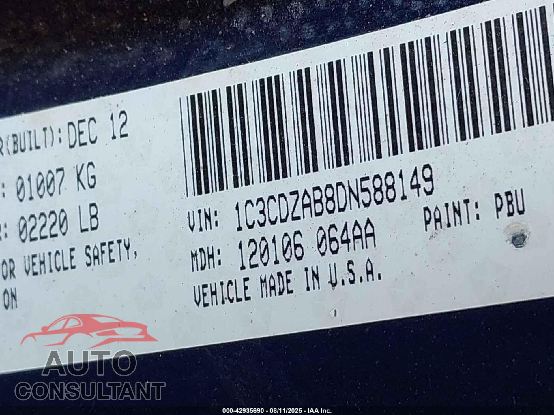 DODGE AVENGER 2013 - 1C3CDZAB8DN588149