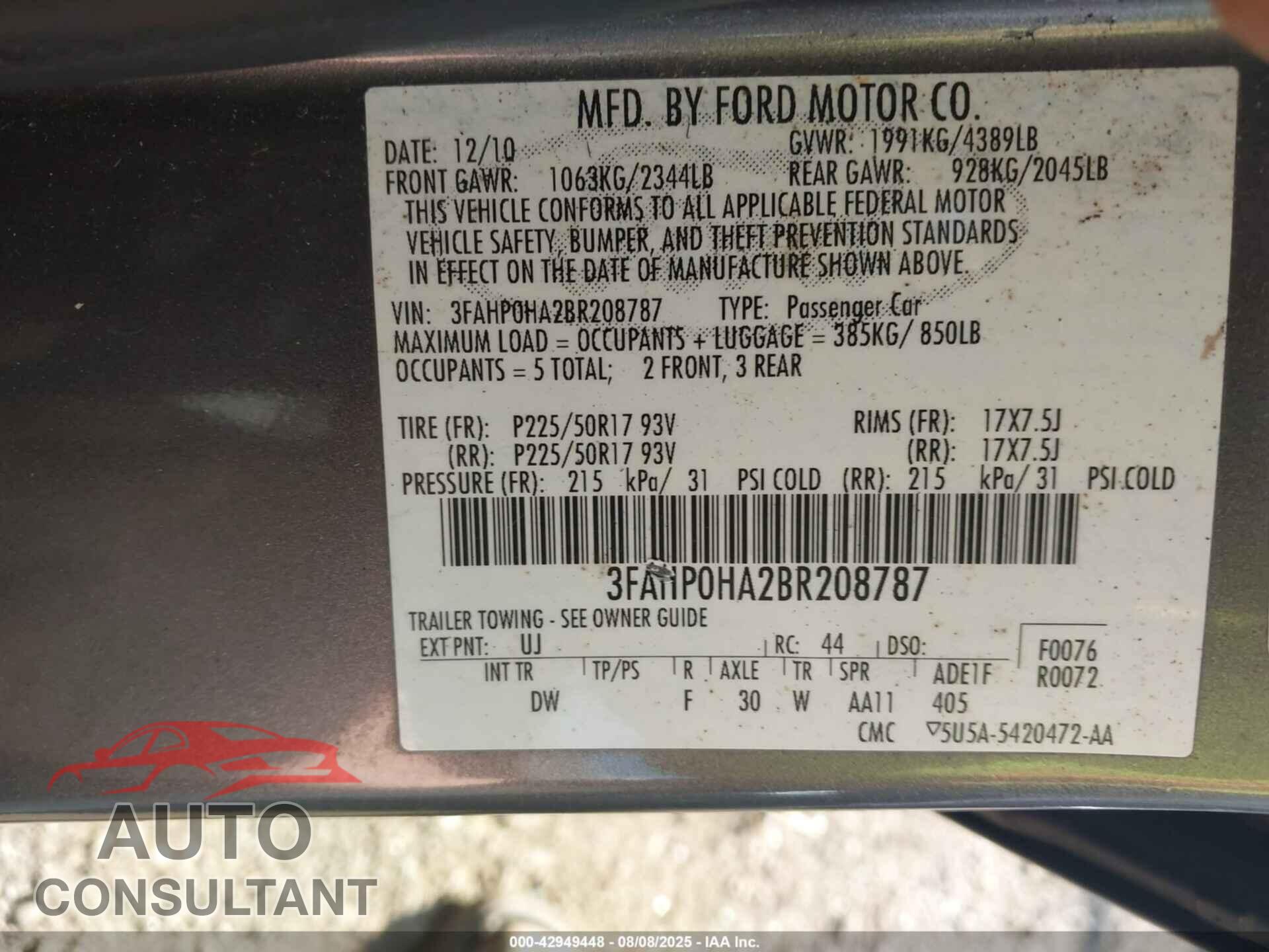 FORD FUSION 2011 - 3FAHP0HA2BR208787