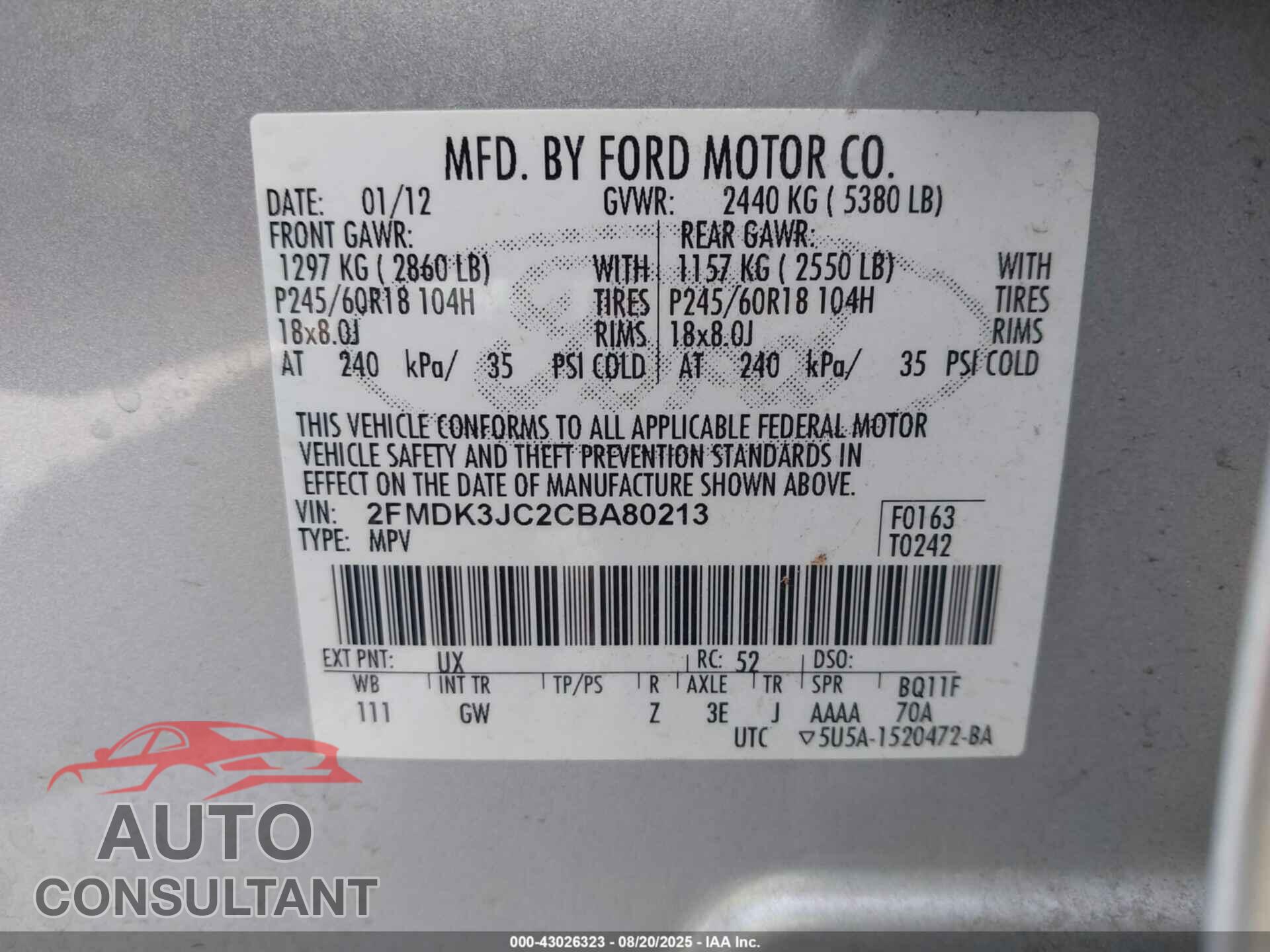 FORD EDGE 2012 - 2FMDK3JC2CBA80213