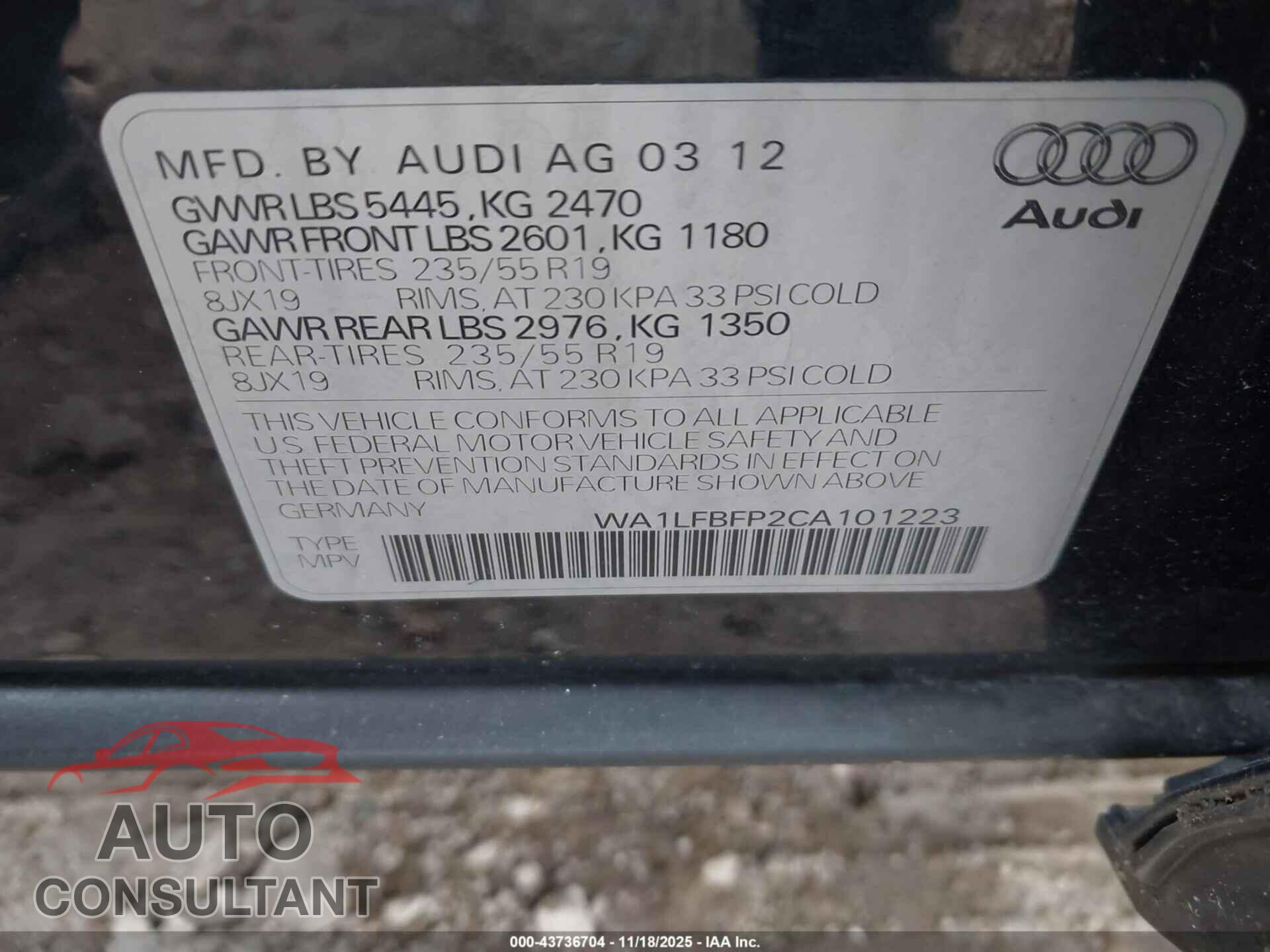 AUDI Q5 2012 - WA1LFBFP2CA101223