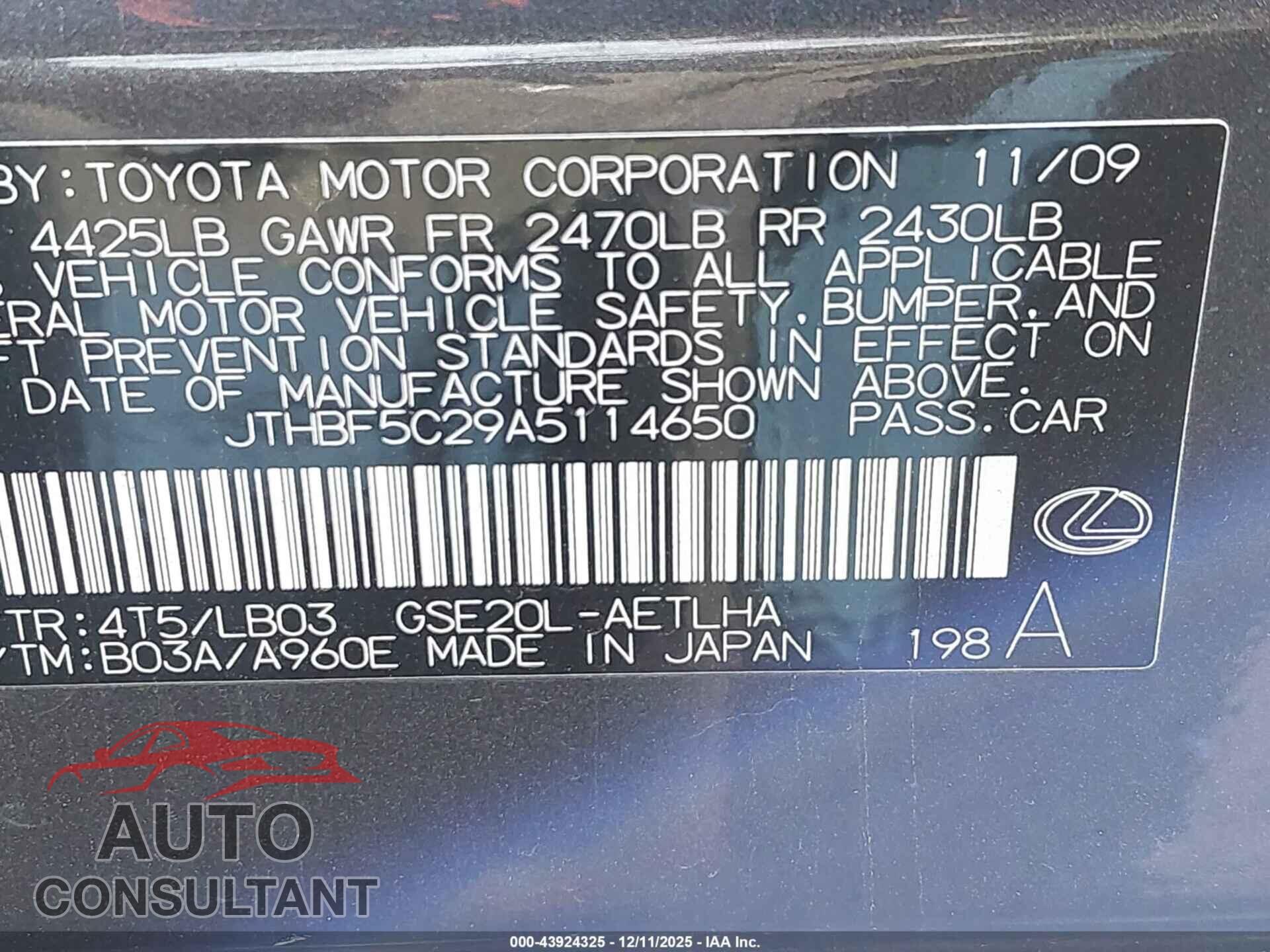 LEXUS IS 250 2010 - JTHBF5C29A5114650