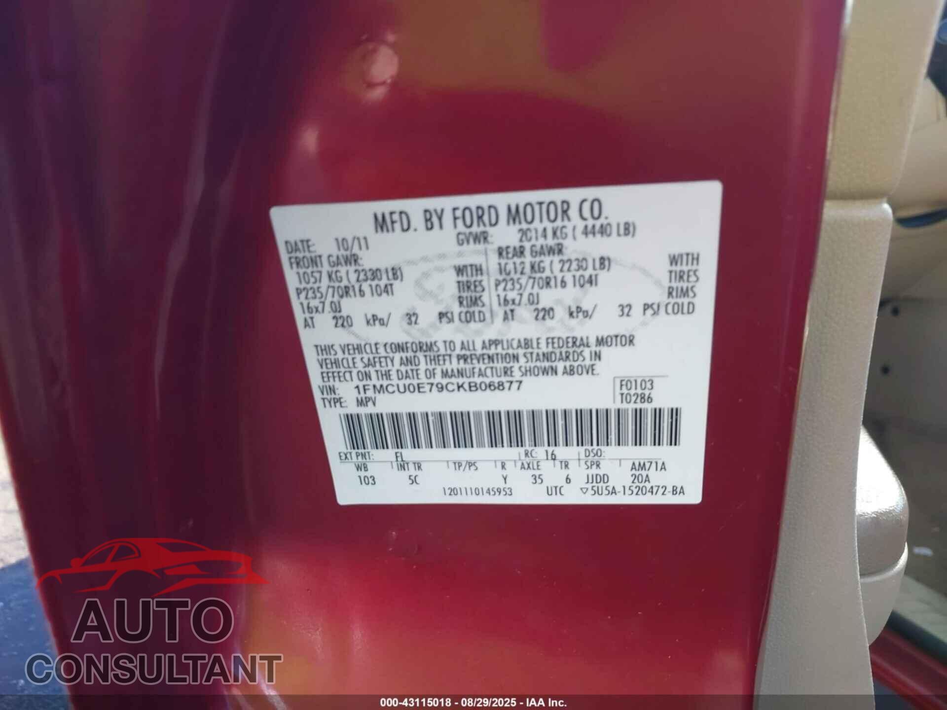 FORD ESCAPE 2012 - 1FMCU0E79CKB06877