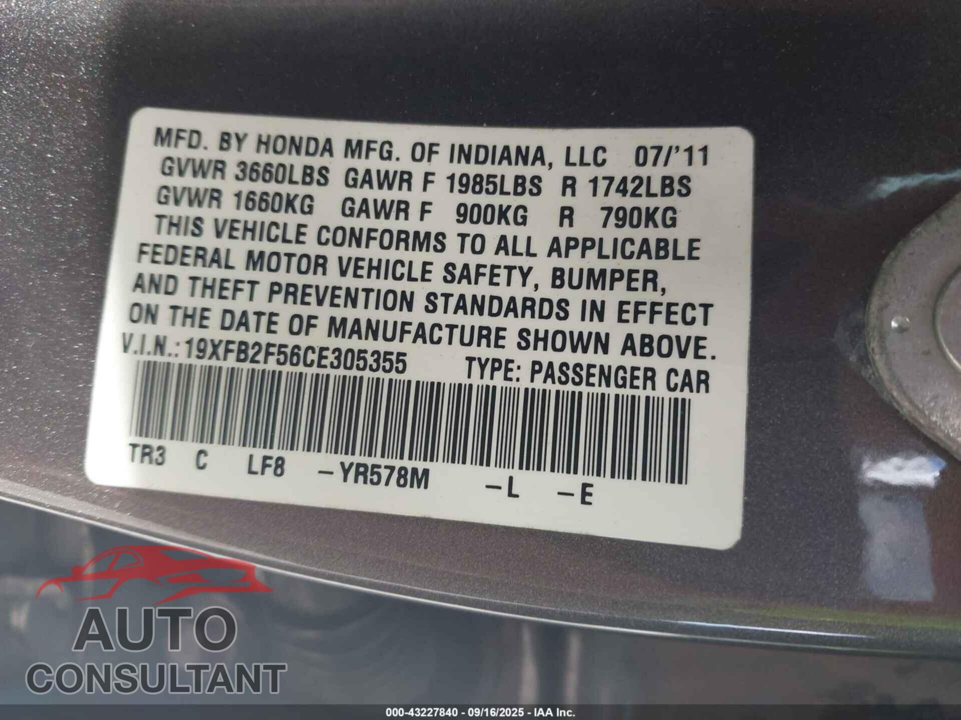 HONDA CIVIC 2012 - 19XFB2F56CE305355