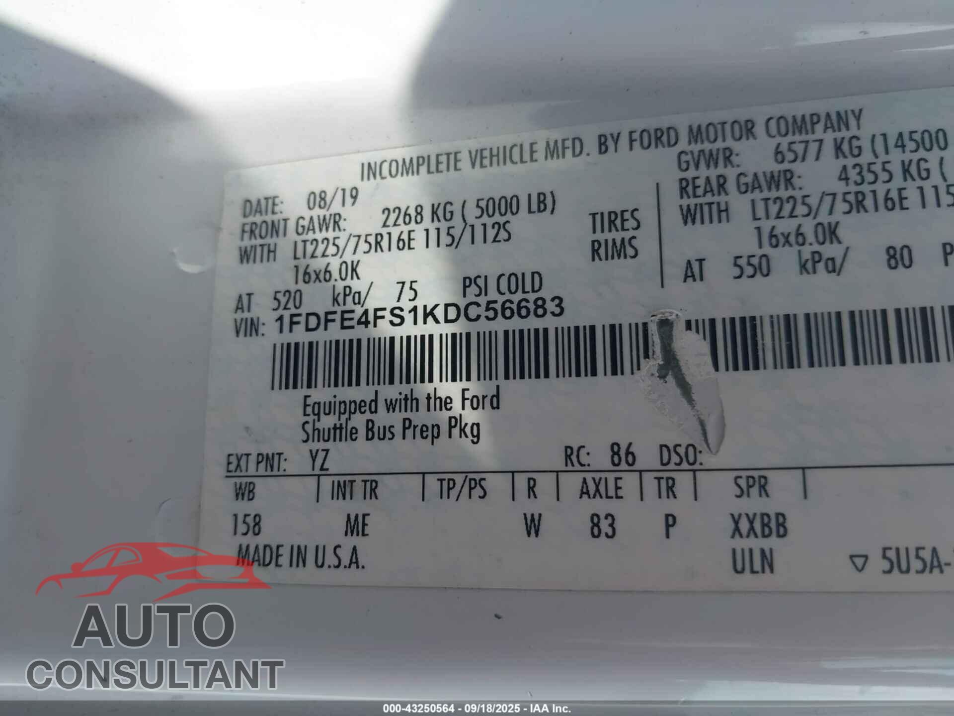 FORD E-450 CUTAWAY 2019 - 1FDFE4FS1KDC56683