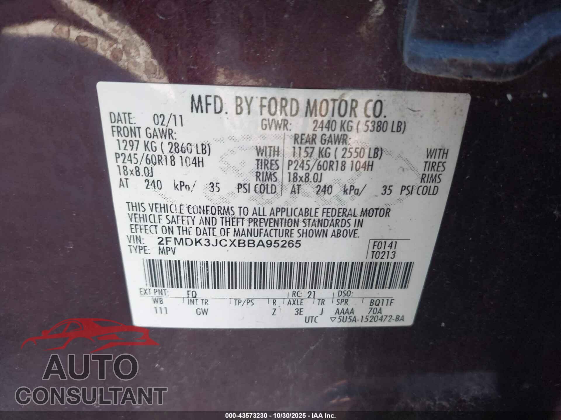 FORD EDGE 2011 - 2FMDK3JCXBBA95265
