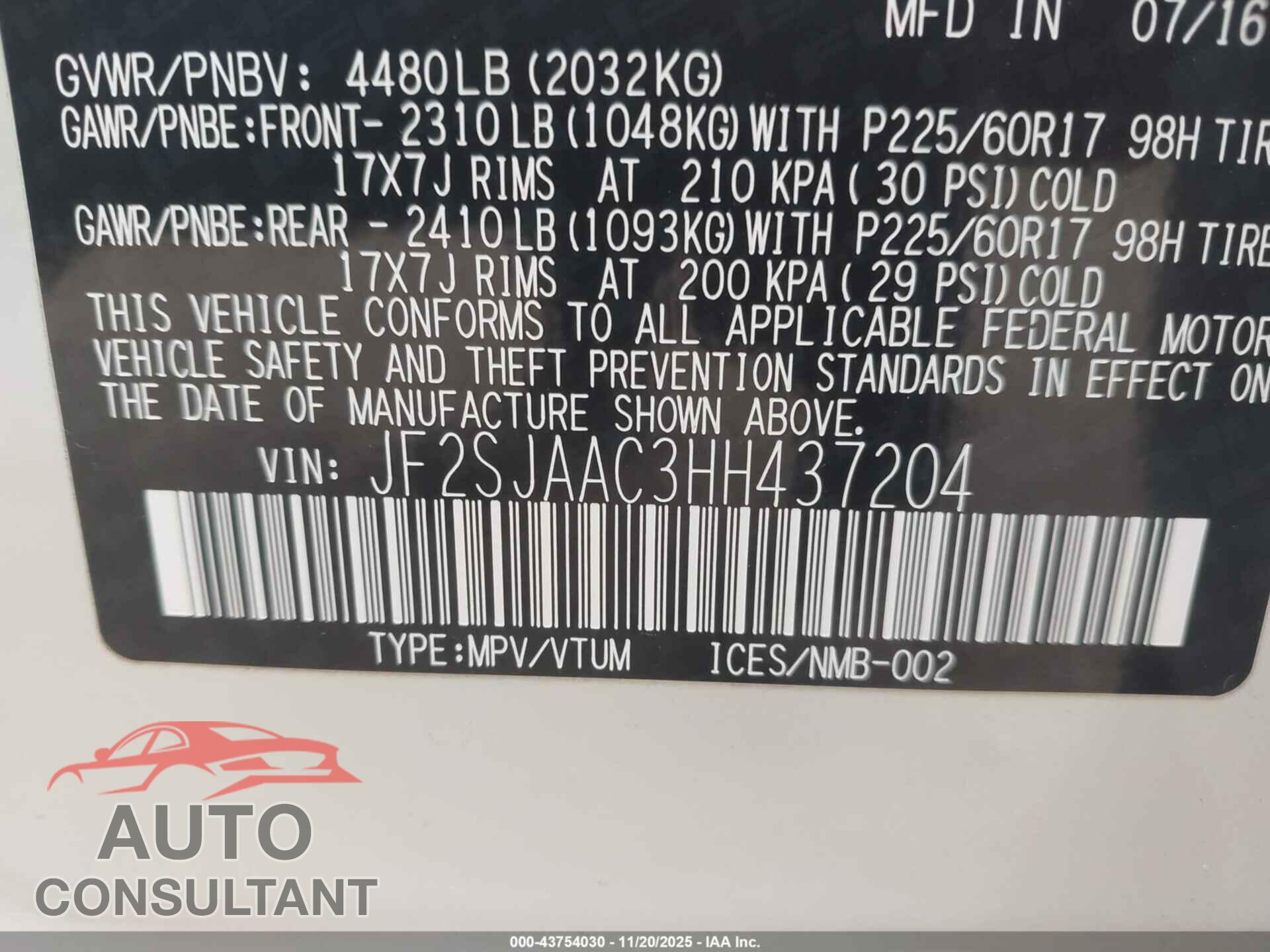 SUBARU FORESTER 2017 - JF2SJAAC3HH437204