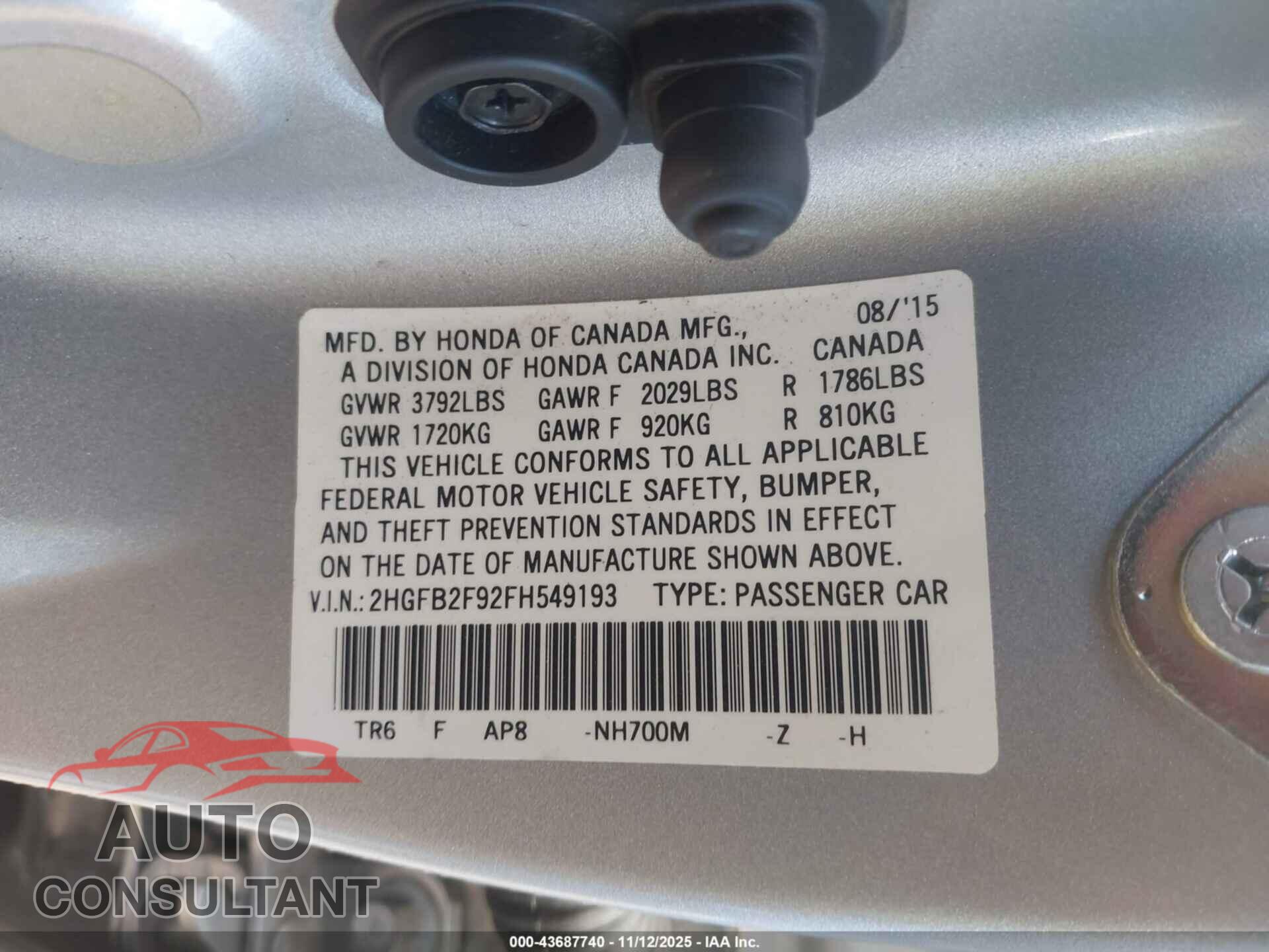 HONDA CIVIC 2015 - 2HGFB2F92FH549193