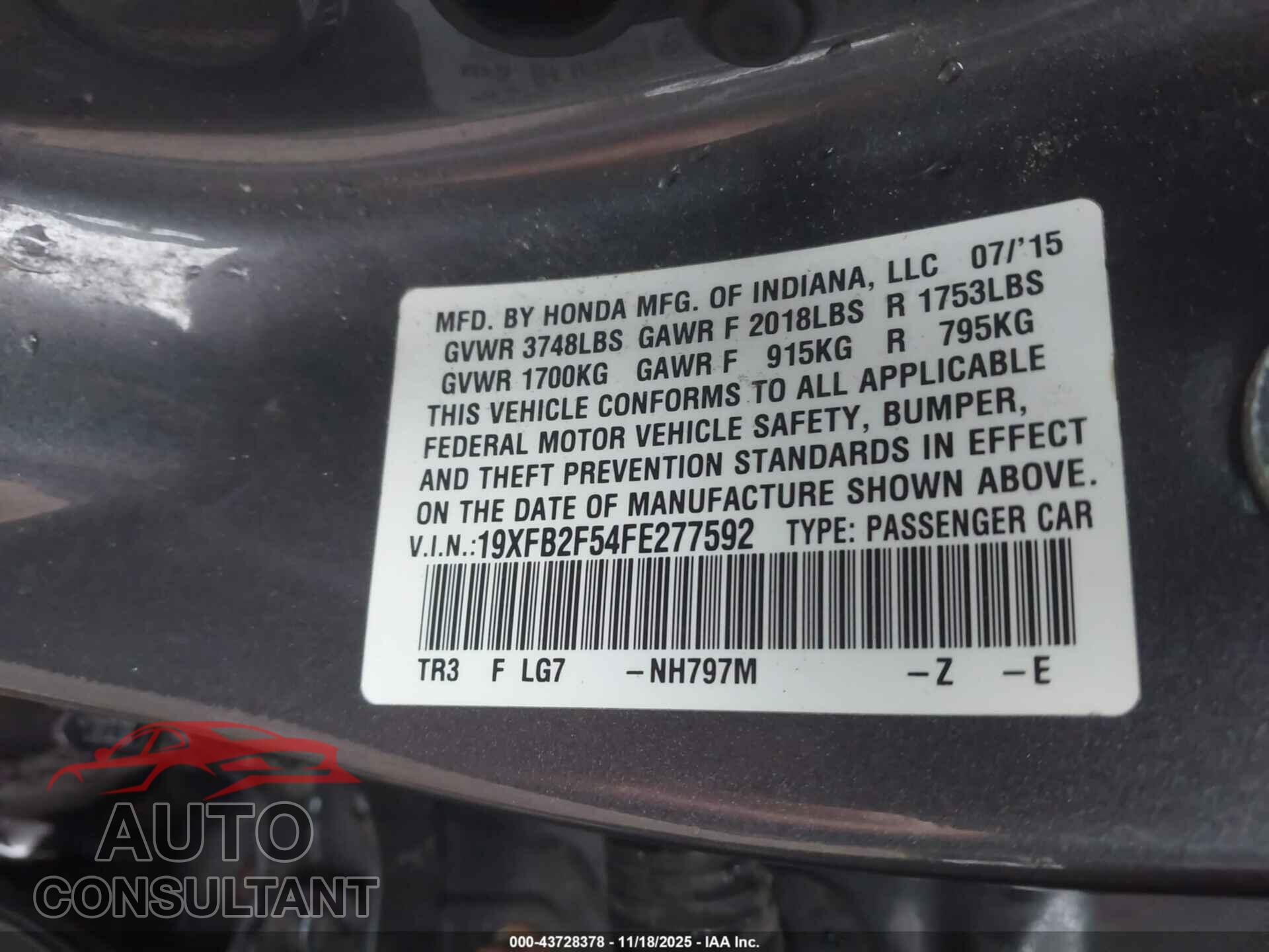 HONDA CIVIC 2015 - 19XFB2F54FE277592