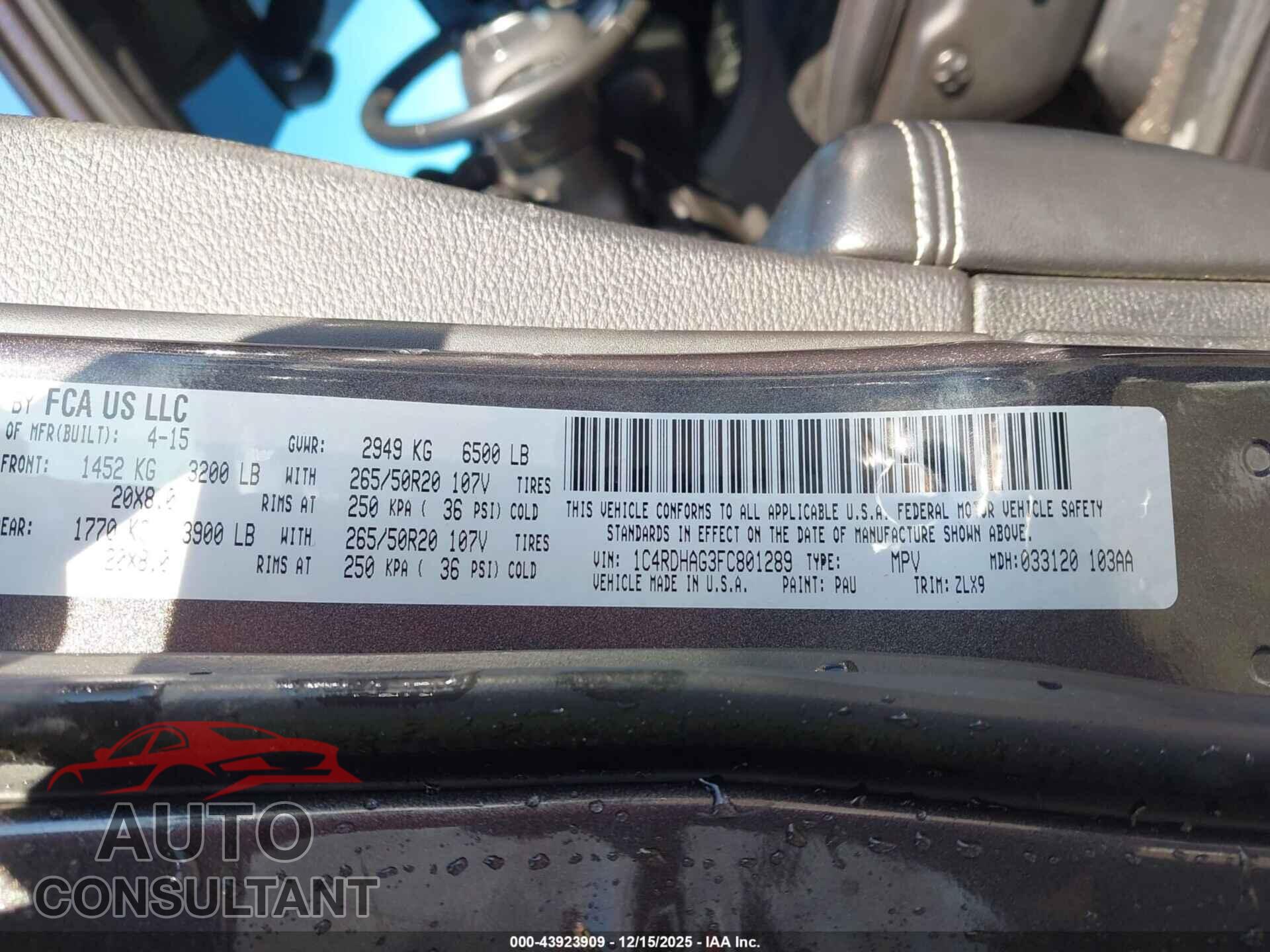 DODGE DURANGO 2015 - 1C4RDHAG3FC801289