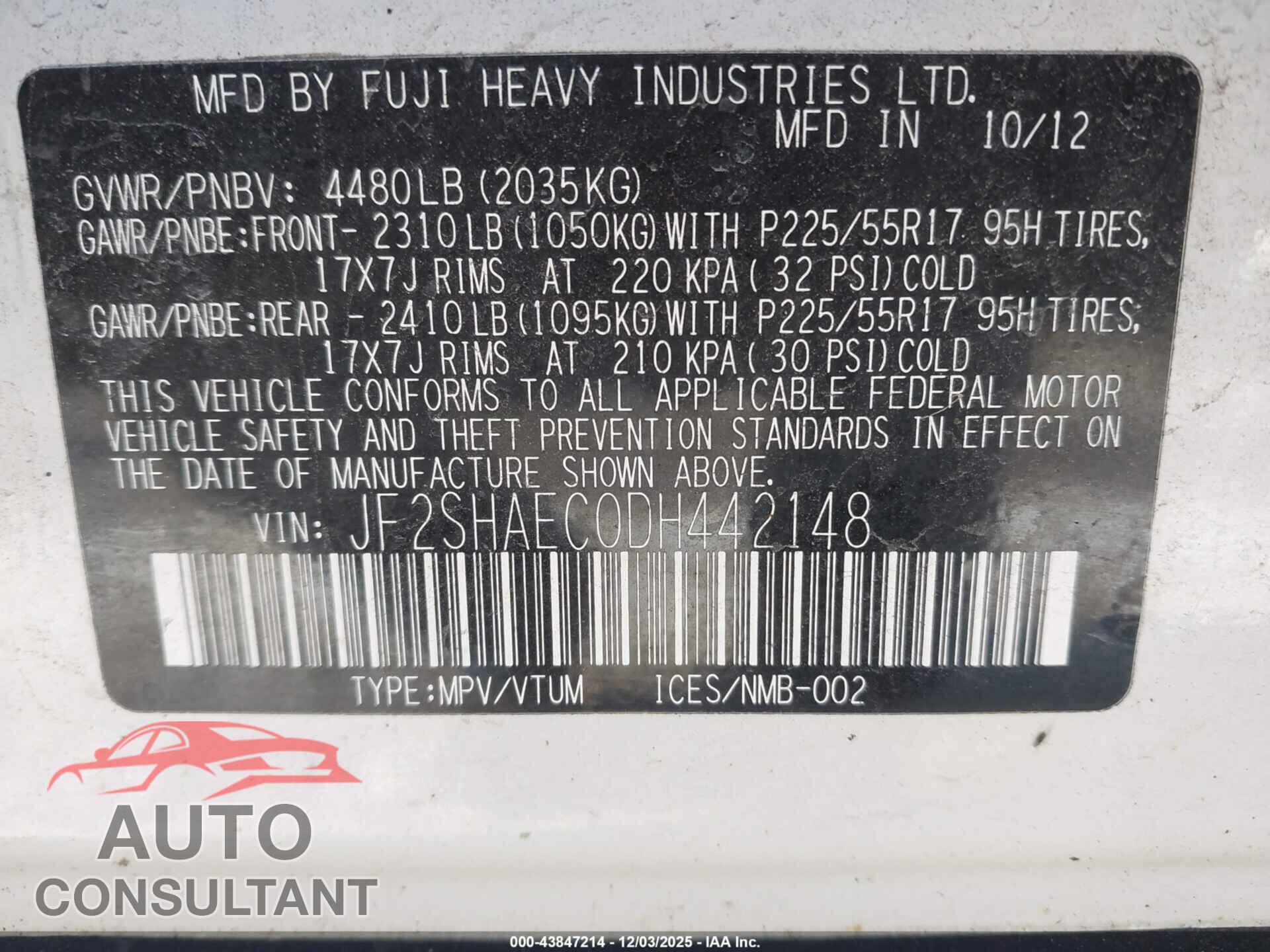 SUBARU FORESTER 2013 - JF2SHAEC0DH442148