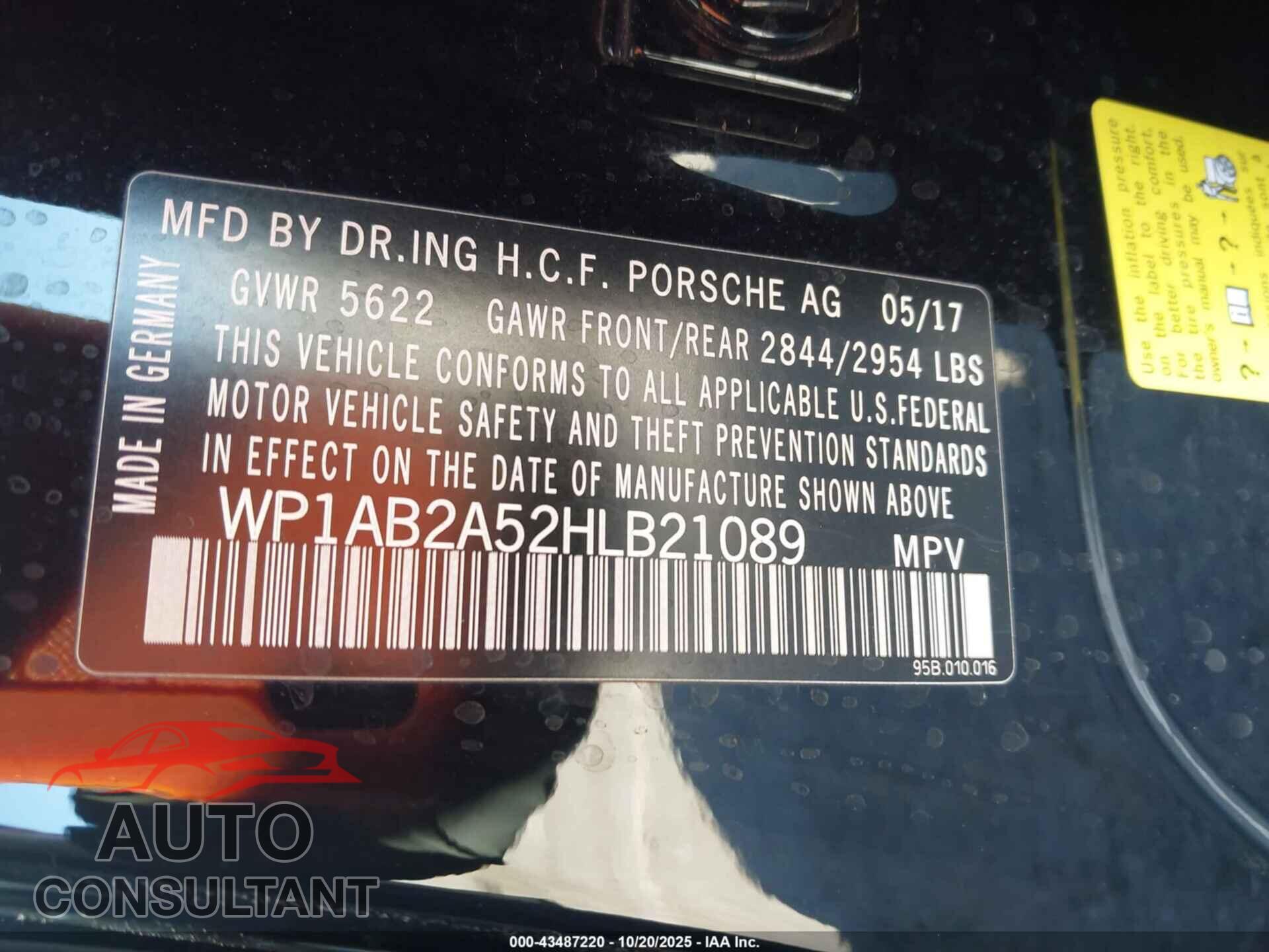 PORSCHE MACAN 2017 - WP1AB2A52HLB21089