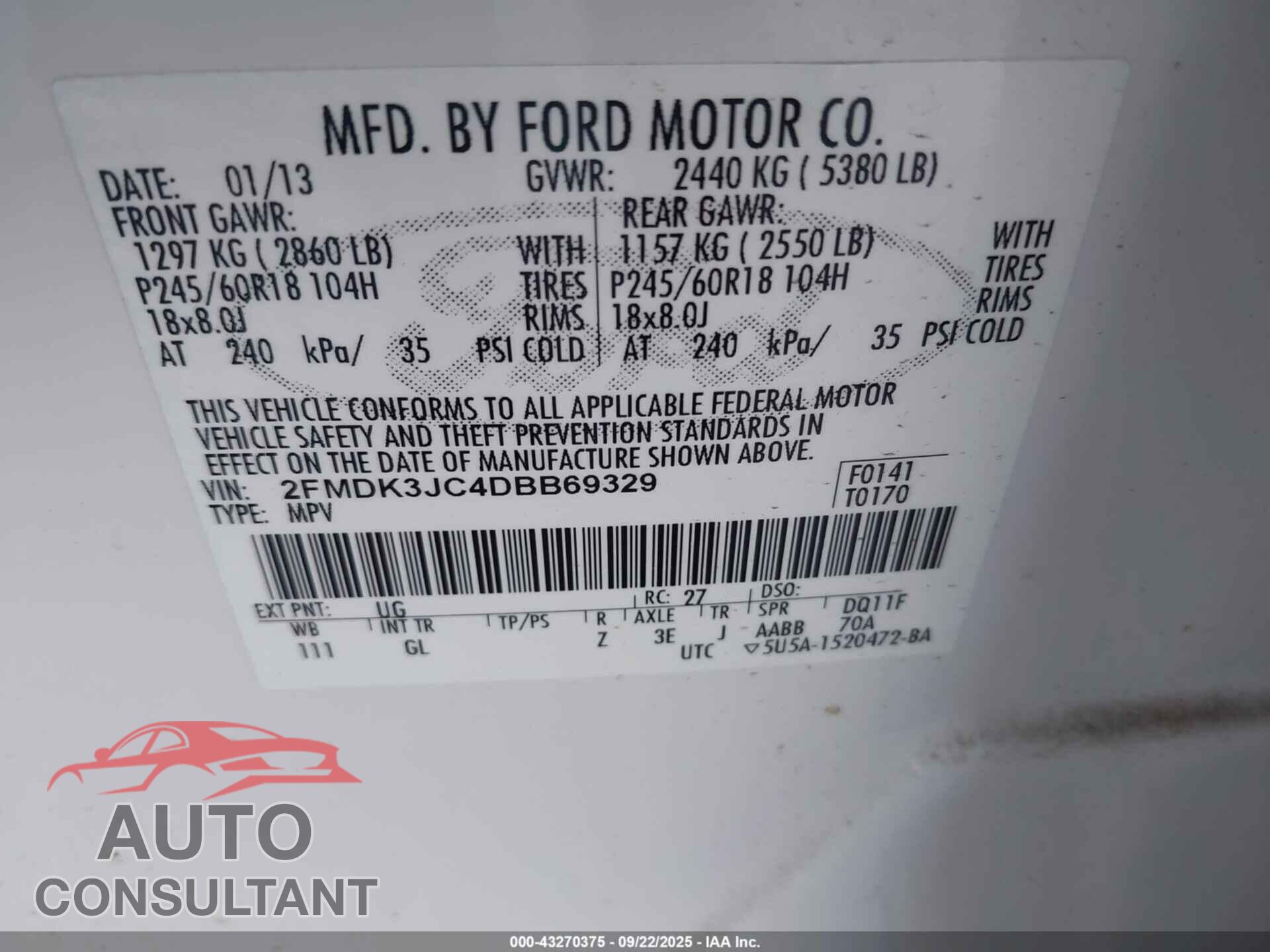 FORD EDGE 2013 - 2FMDK3JC4DBB69329