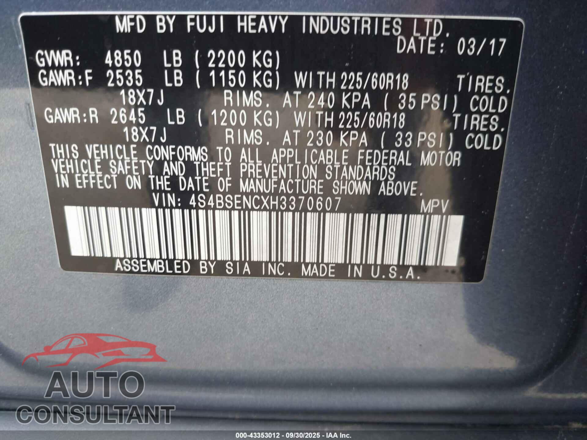 SUBARU OUTBACK 2017 - 4S4BSENCXH3370607