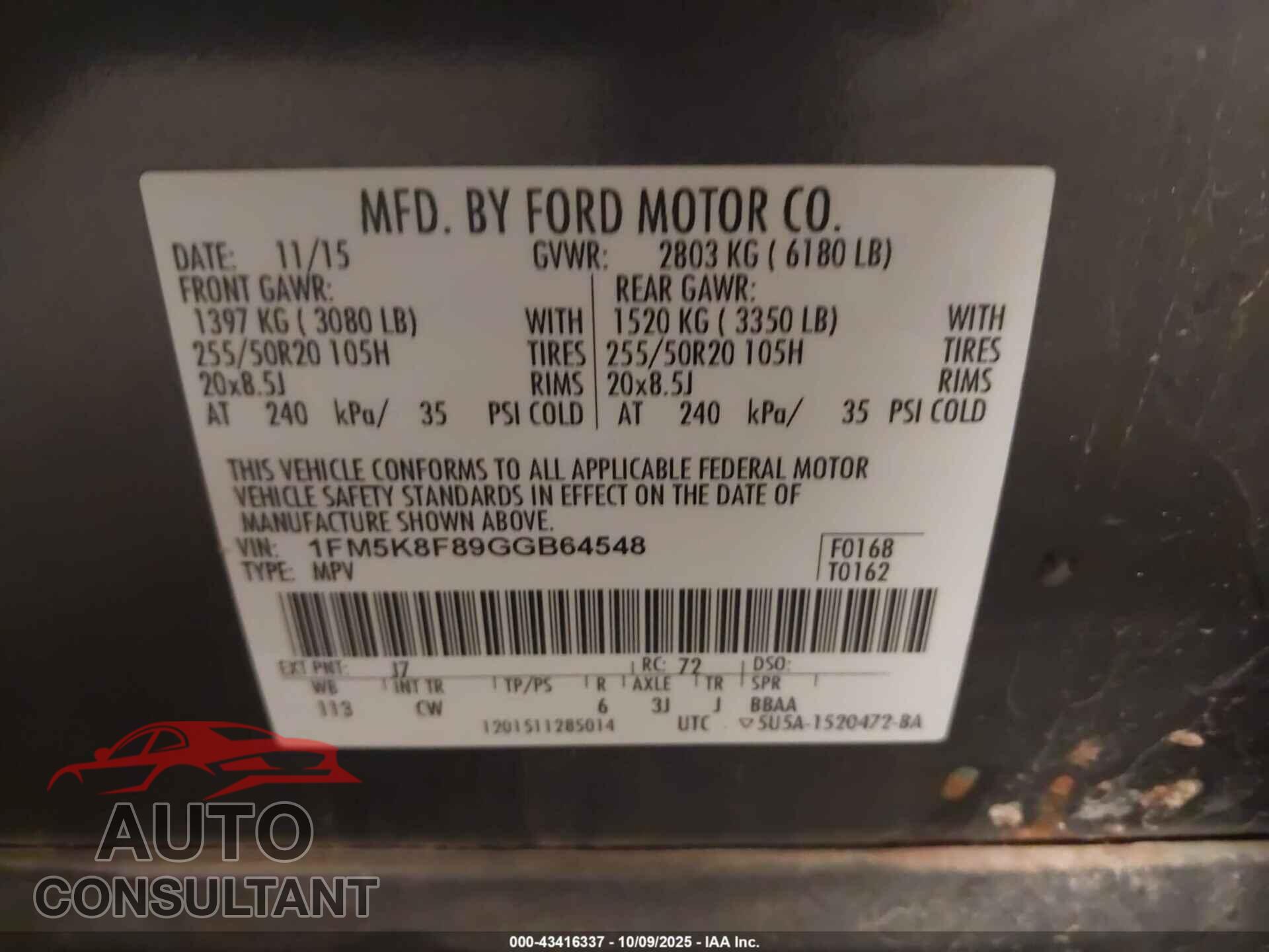 FORD EXPLORER 2016 - 1FM5K8F89GGB64548