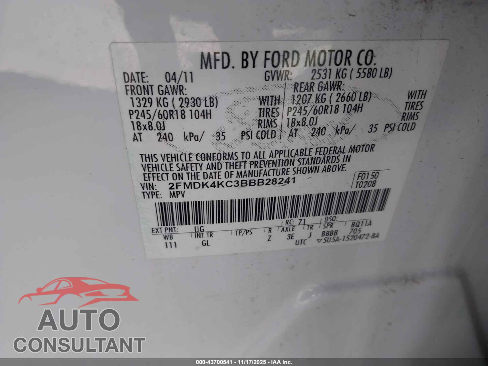 FORD EDGE 2011 - 2FMDK4KC3BBB28241