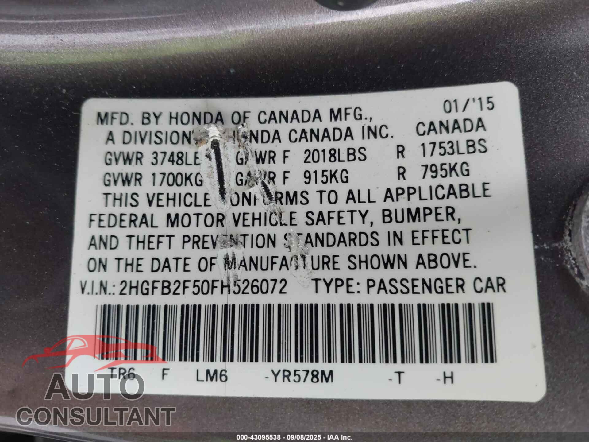 HONDA CIVIC 2015 - 2HGFB2F50FH526072