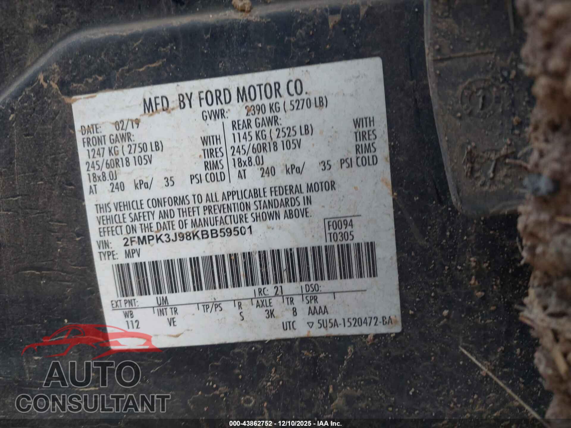 FORD EDGE 2019 - 2FMPK3J98KBB59501