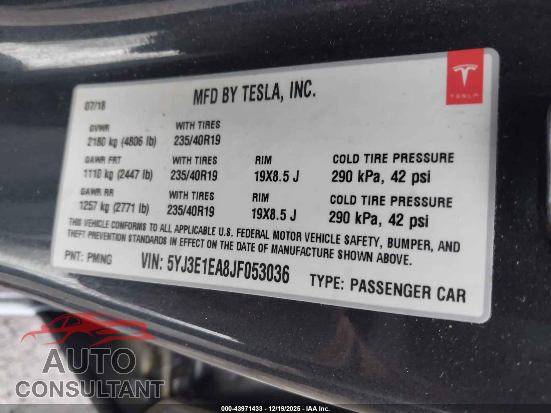 TESLA MODEL 3 2018 - 5YJ3E1EA8JF053036