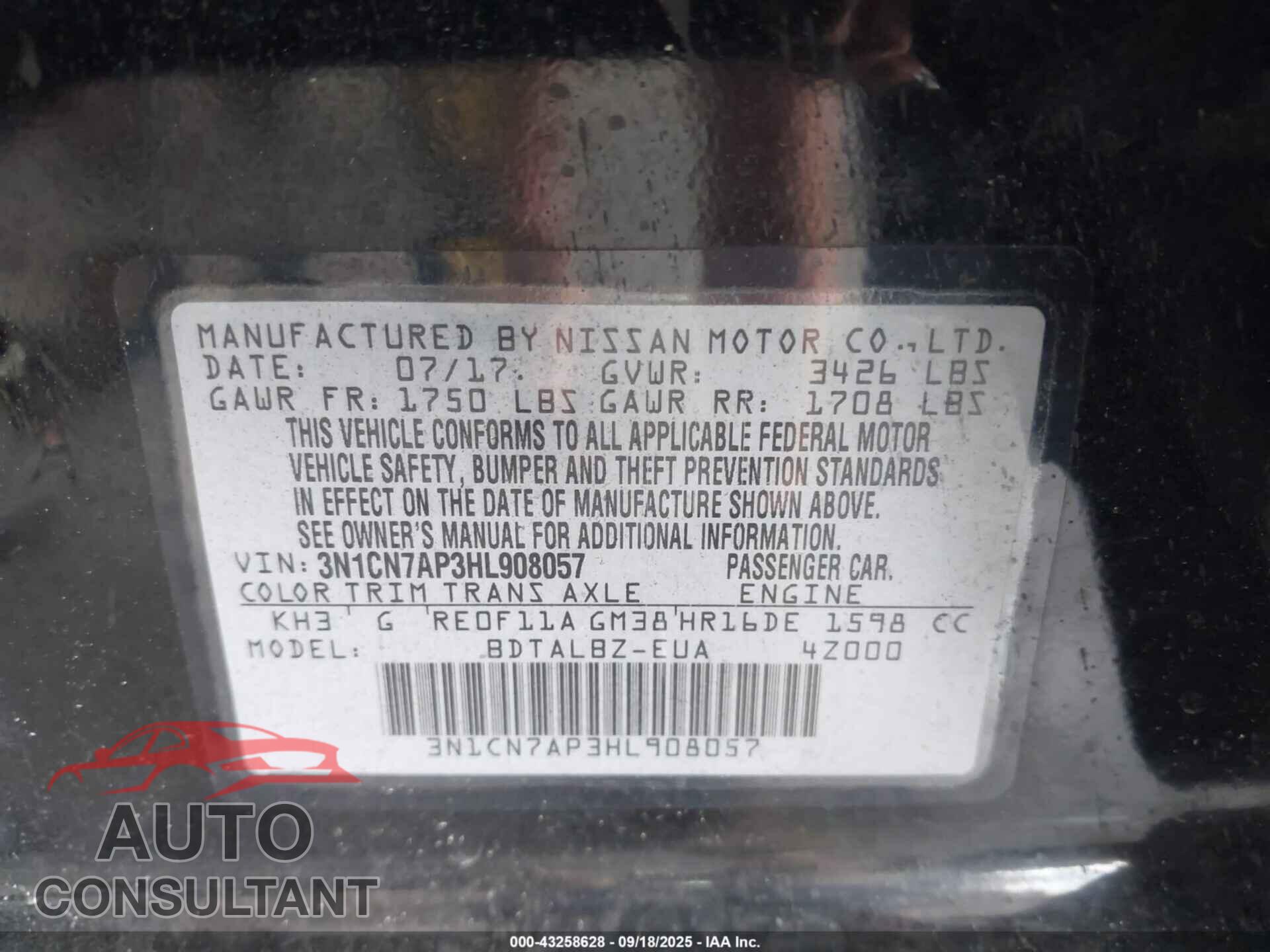 NISSAN VERSA 2017 - 3N1CN7AP3HL908057