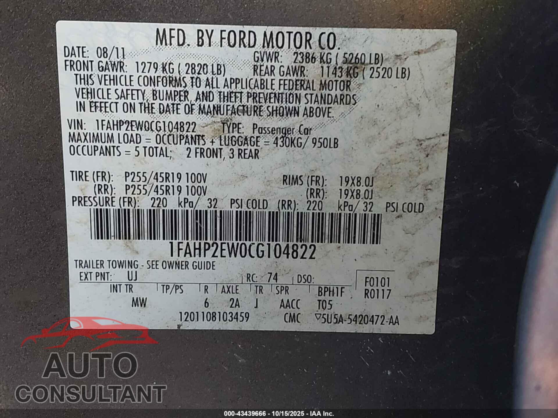 FORD TAURUS 2012 - 1FAHP2EW0CG104822