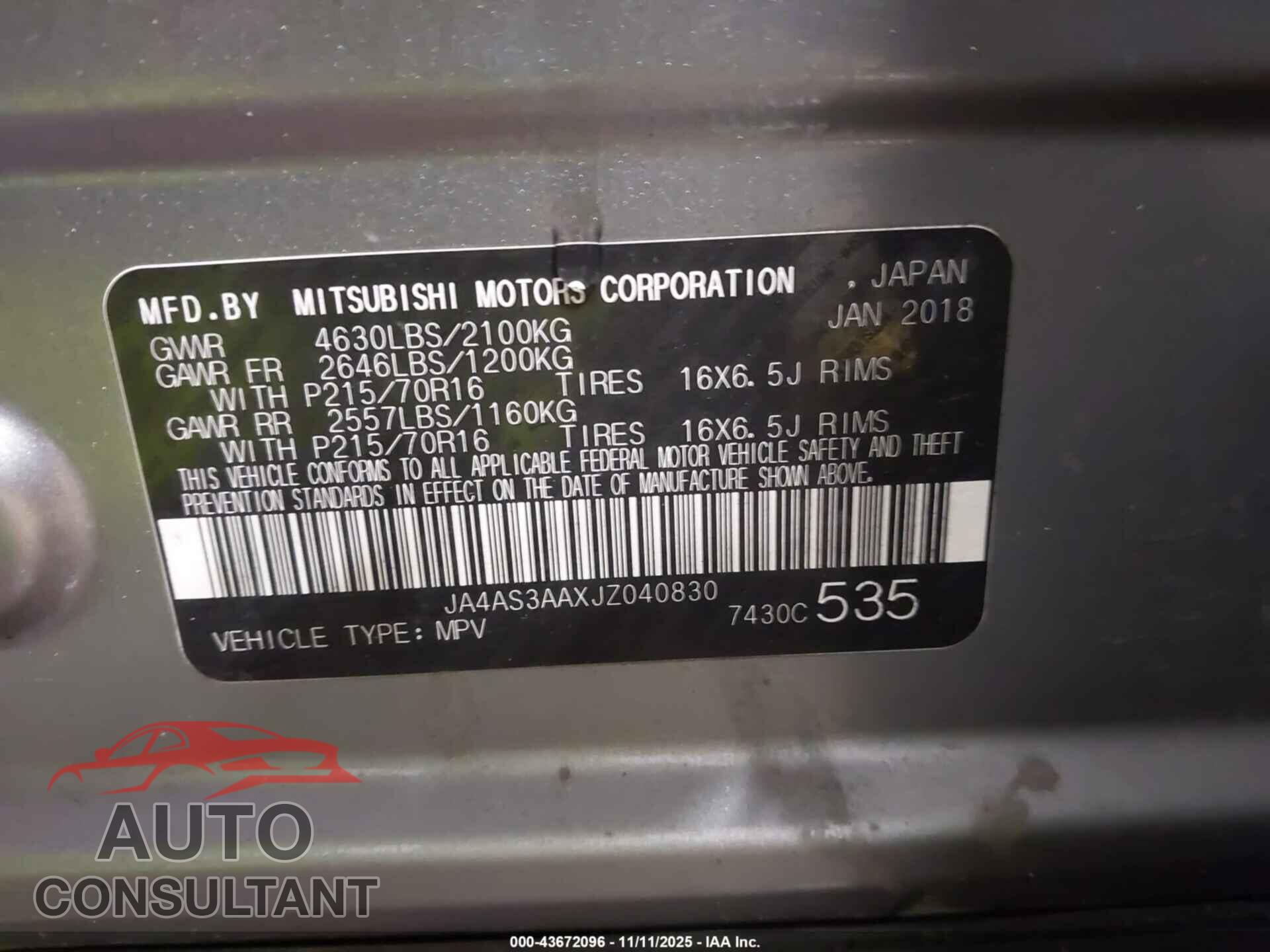 MITSUBISHI ECLIPSE CROSS 2018 - JA4AS3AAXJZ040830