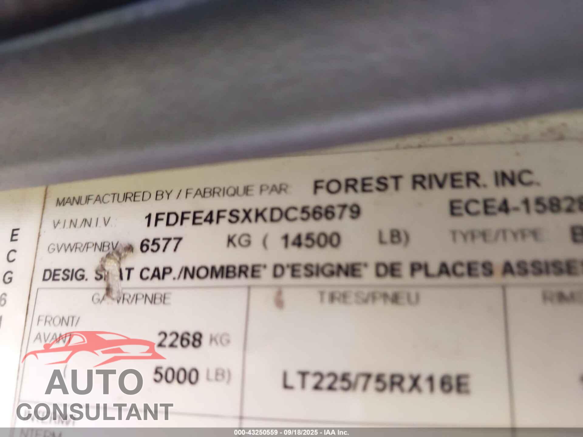 FORD E-450 CUTAWAY 2019 - 1FDFE4FSXKDC56679
