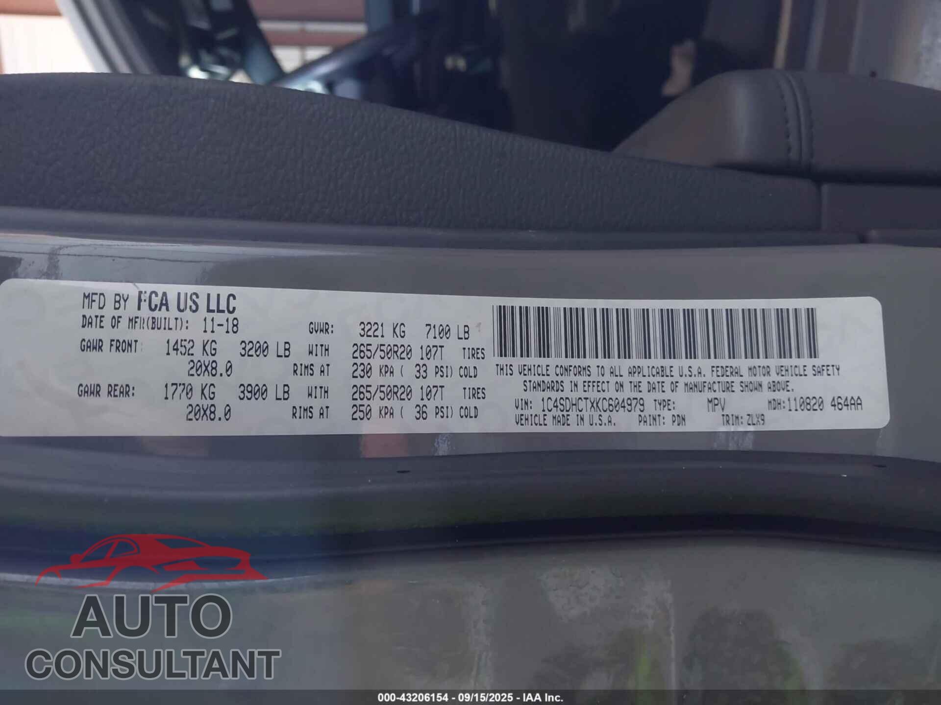 DODGE DURANGO 2019 - 1C4SDHCTXKC604979