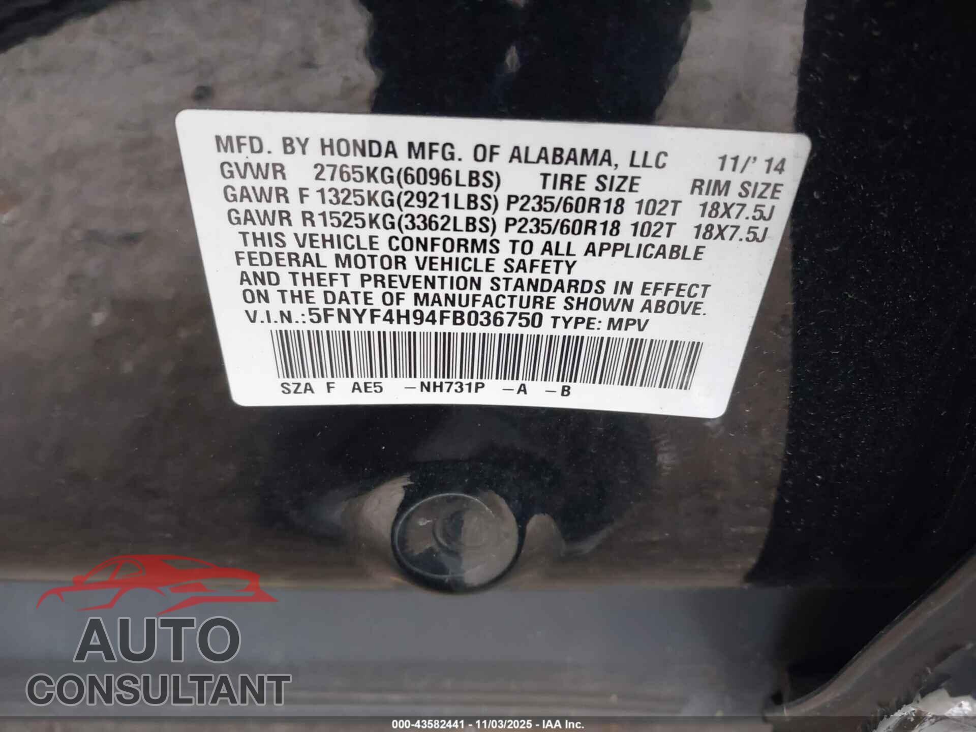 HONDA PILOT 2015 - 5FNYF4H94FB036750