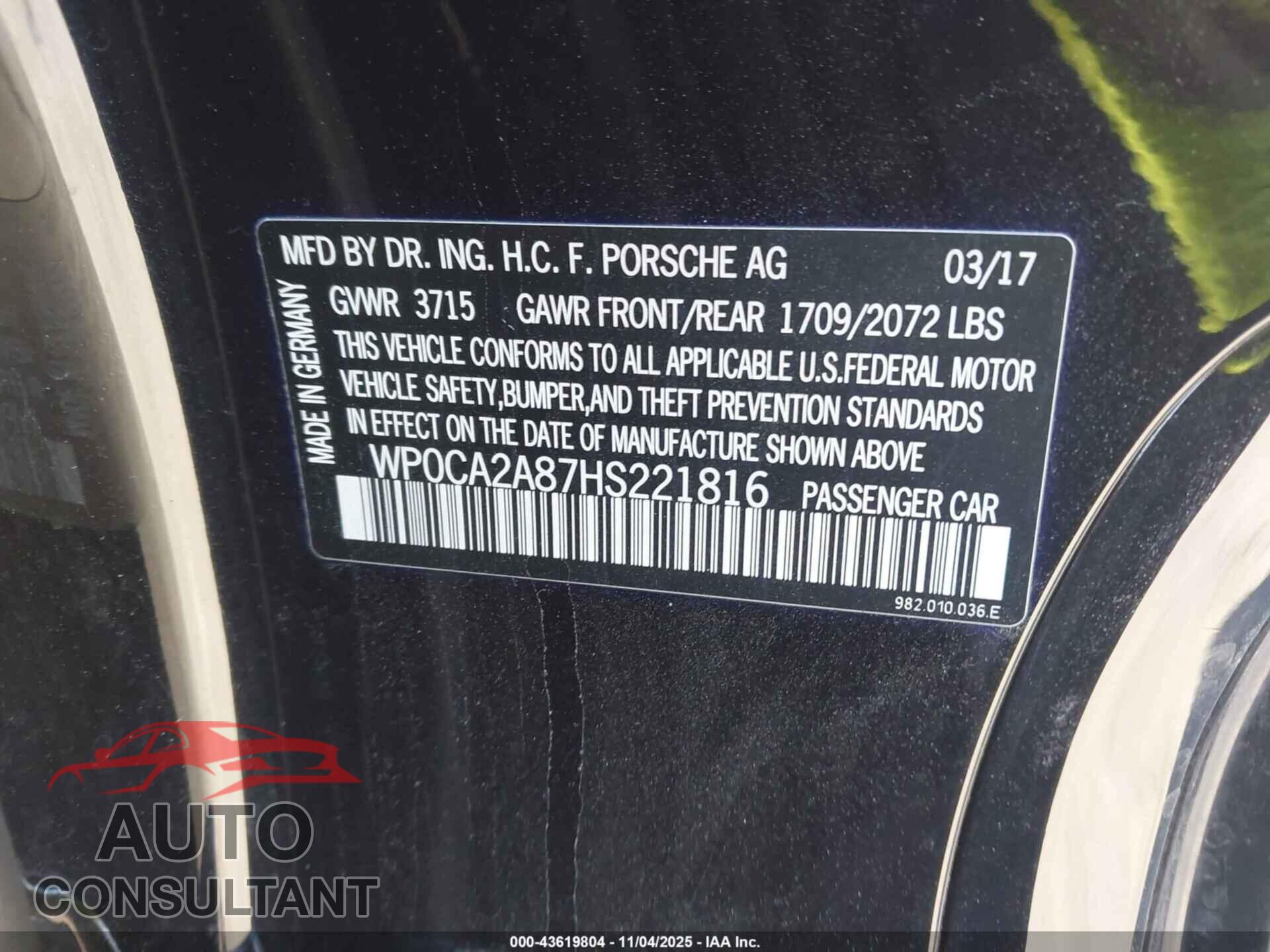 PORSCHE 718 BOXSTER 2017 - WP0CA2A87HS221816