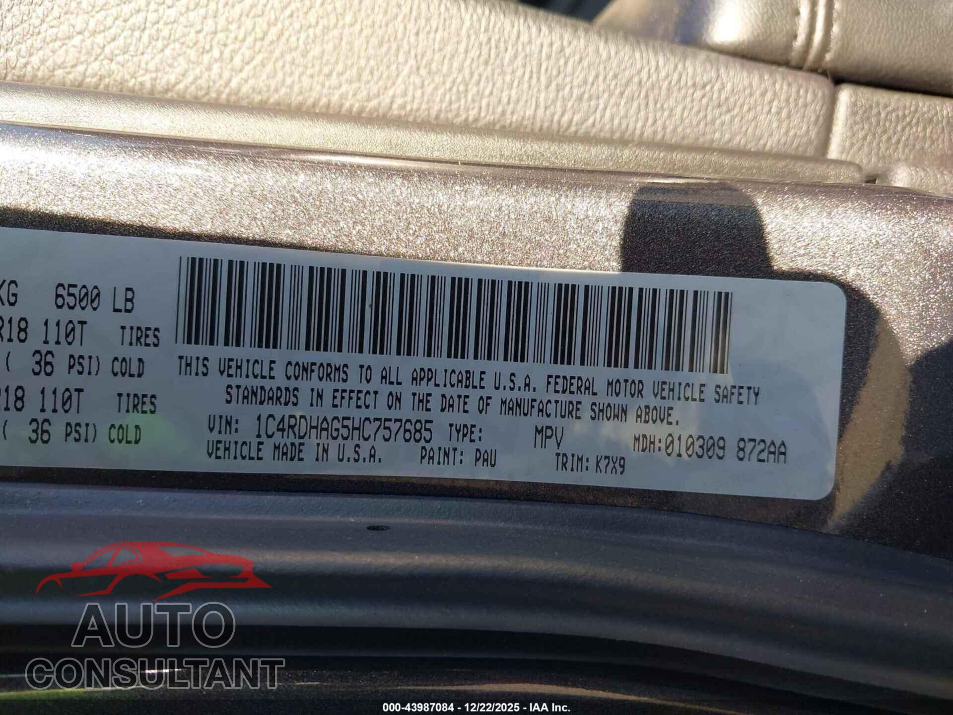 DODGE DURANGO 2017 - 1C4RDHAG5HC757685