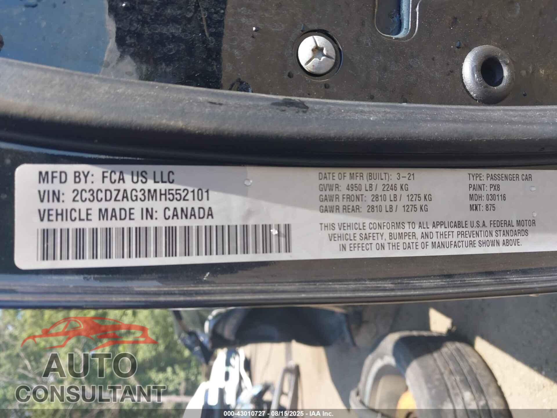 DODGE CHALLENGER 2021 - 2C3CDZAG3MH552101
