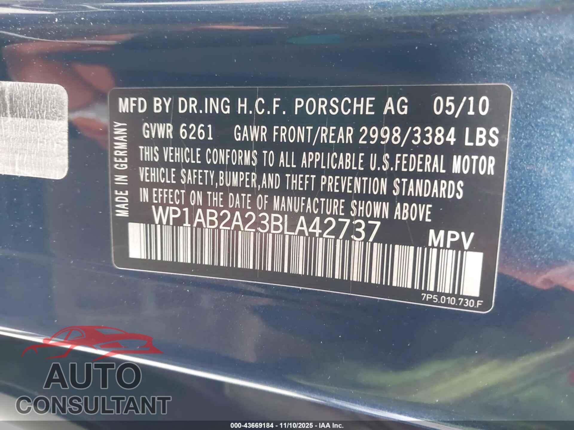 PORSCHE CAYENNE 2011 - WP1AB2A23BLA42737