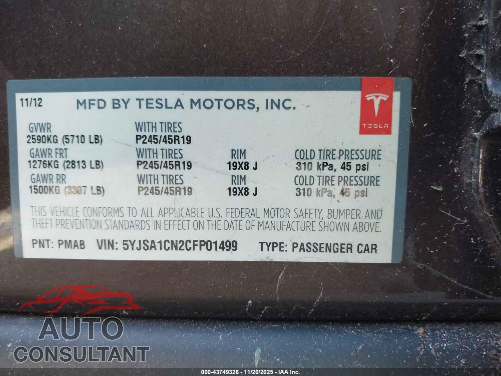 TESLA MODEL S 2012 - 5YJSA1CN2CFP01499